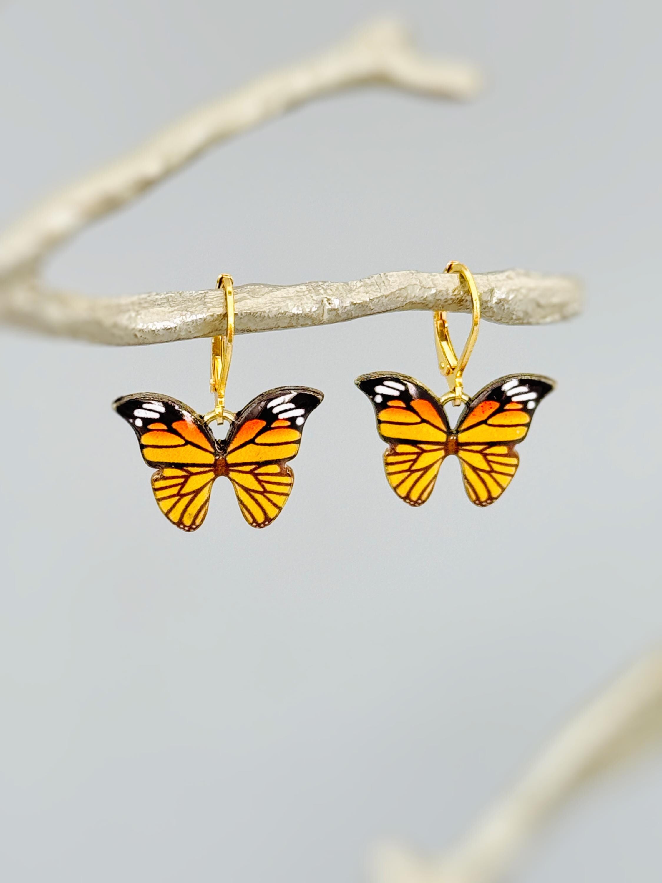 Monarch Butterfly Earrings Dangle 18k Gold Handmade Colorful Spring Summer Jewelry gifts for gardener, mothers day, insect nature lover, mom
