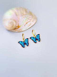 Blue Butterfly Earrings Dangle Gold Handmade Colorful Spring Summer Jewelry gifts for gardener, mothers day, insect, nature lover, mom