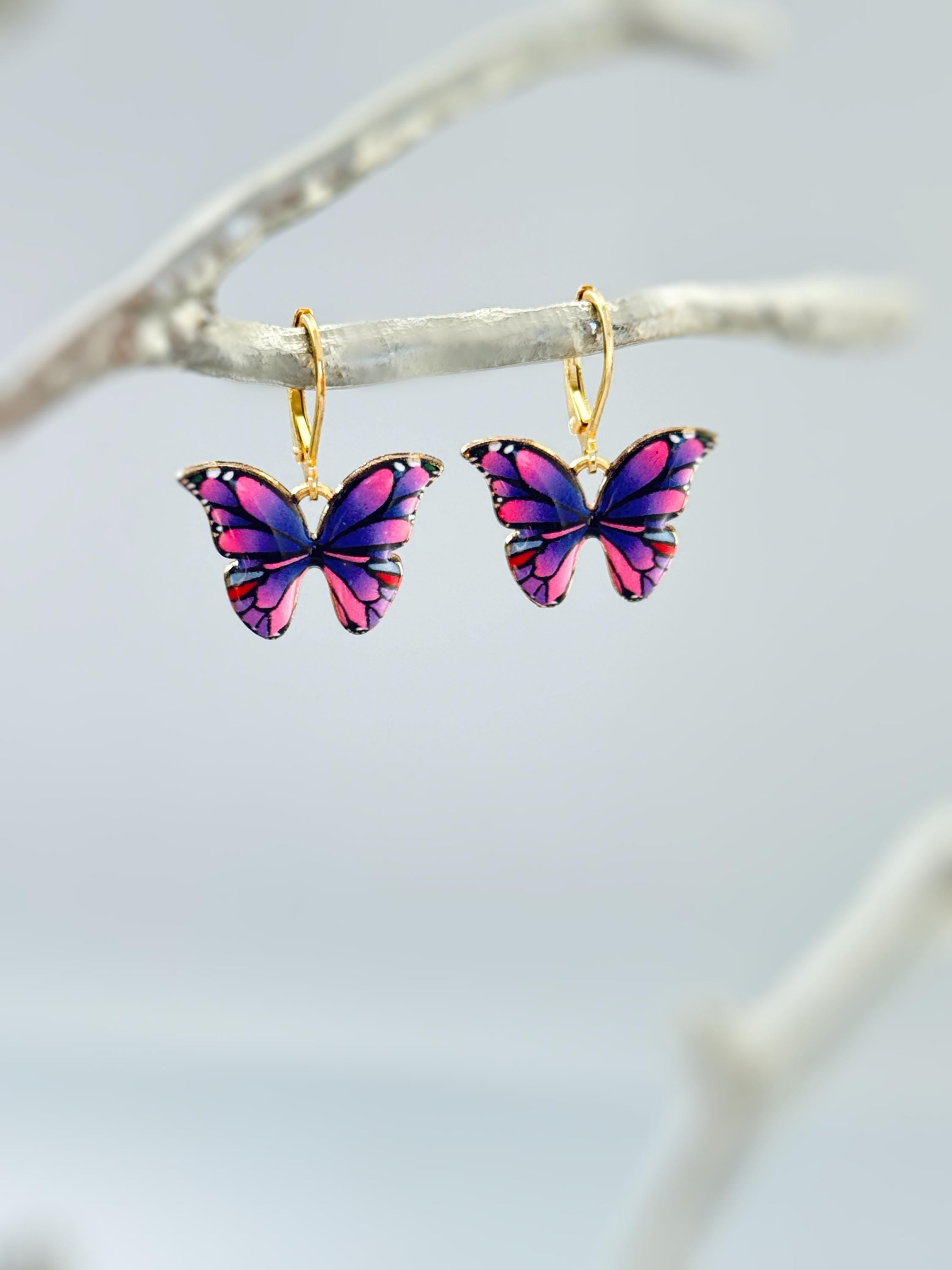 Purple Butterfly Earrings Dangle Gold Handmade Colorful Spring Summer Jewelry gifts for gardener, mothers day, insect, nature lover, mom