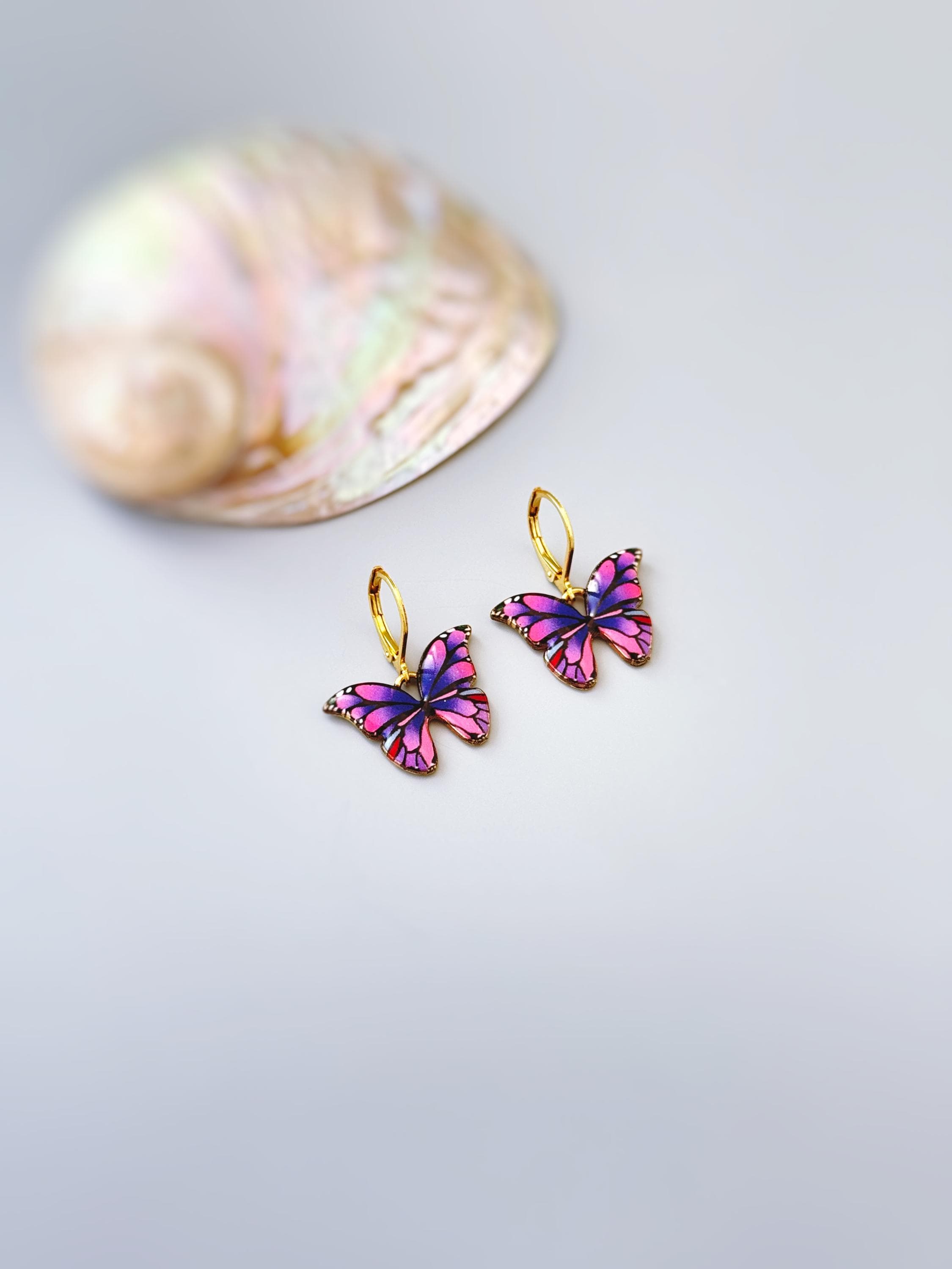 Blue Butterfly Earrings Dangle Gold Handmade Colorful Spring Summer Jewelry gifts for gardener, mothers day, insect, nature lover, mom