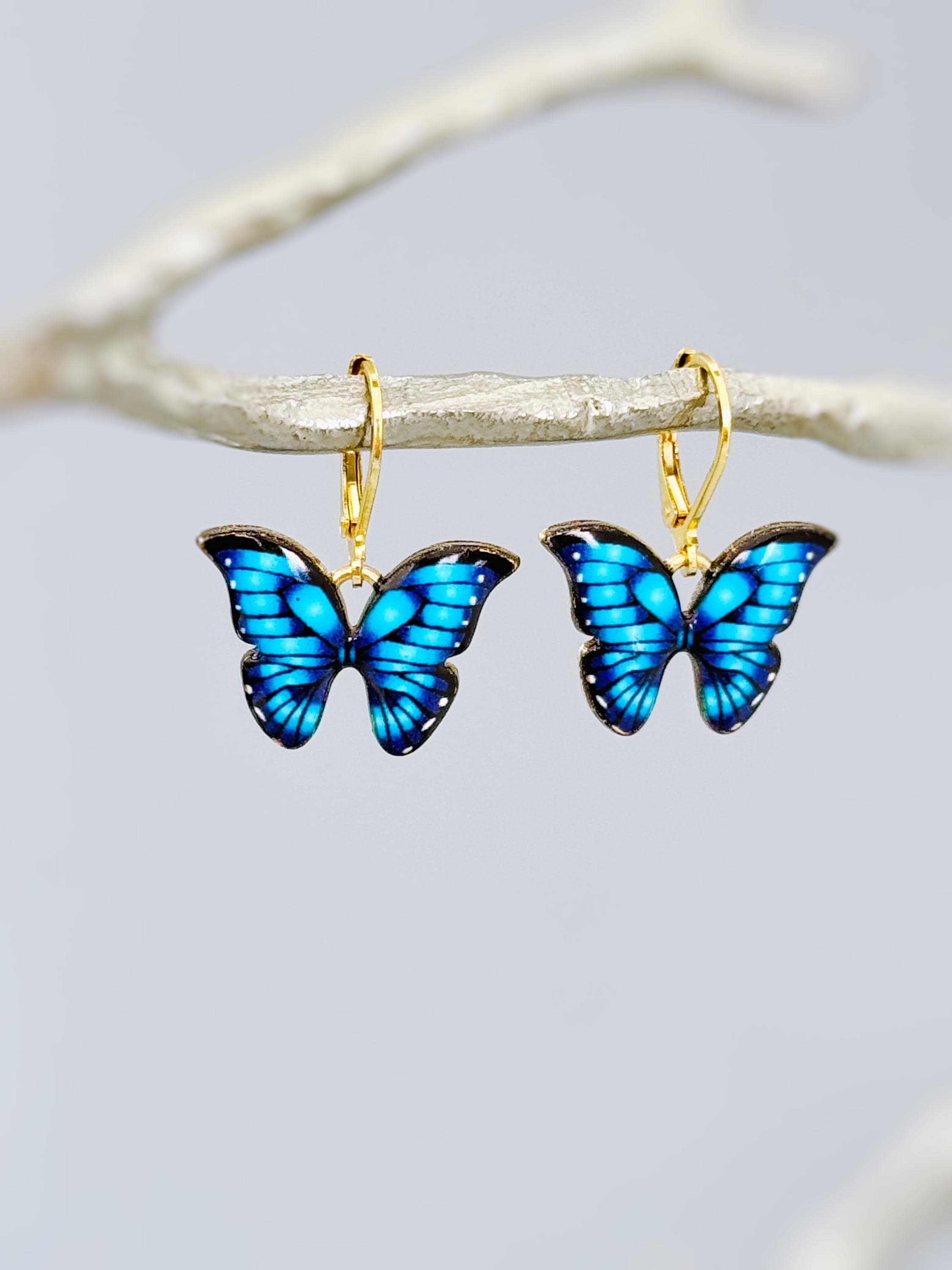 Blue Butterfly Earrings Dangle Gold Handmade Colorful Spring Summer Jewelry gifts for gardener, mothers day, insect, nature lover, mom