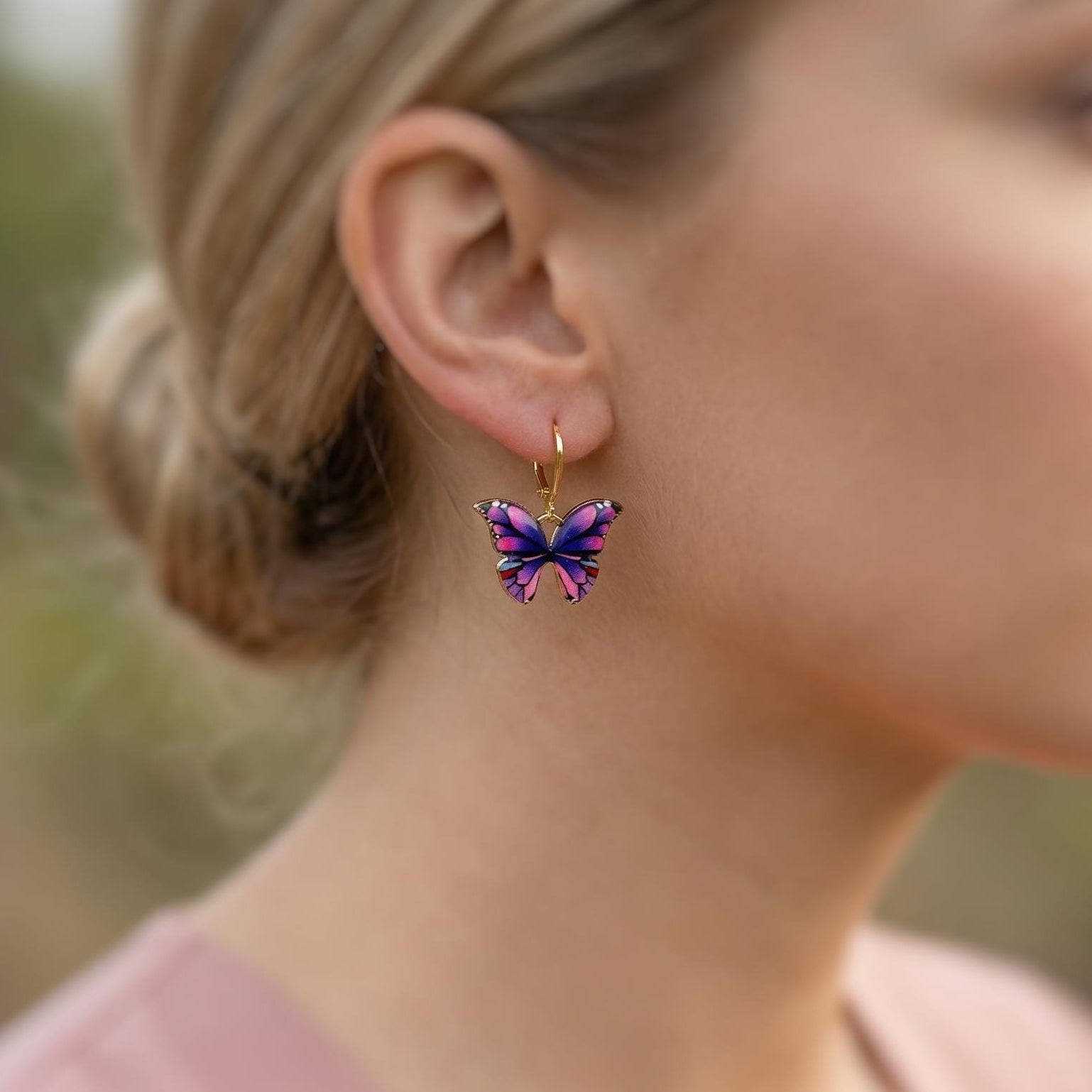 Purple Butterfly Earrings Dangle Gold Handmade Colorful Spring Summer Jewelry gifts for gardener, mothers day, insect, nature lover, mom