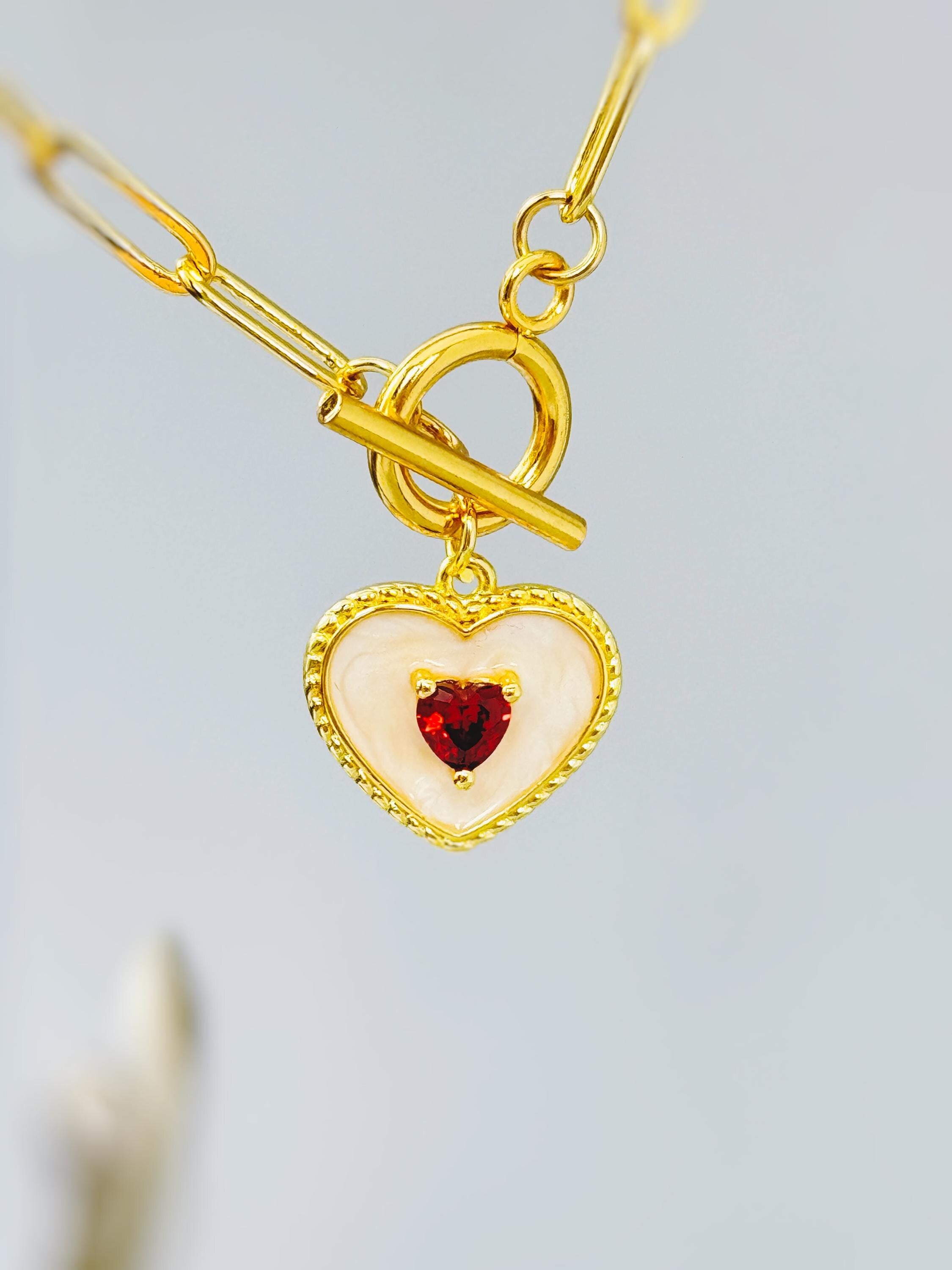 Romantic Heart Necklace Gold, paperclip chain toggle clasp dainty garnet necklace for women January birthstone gift for Mom Valentines Day
