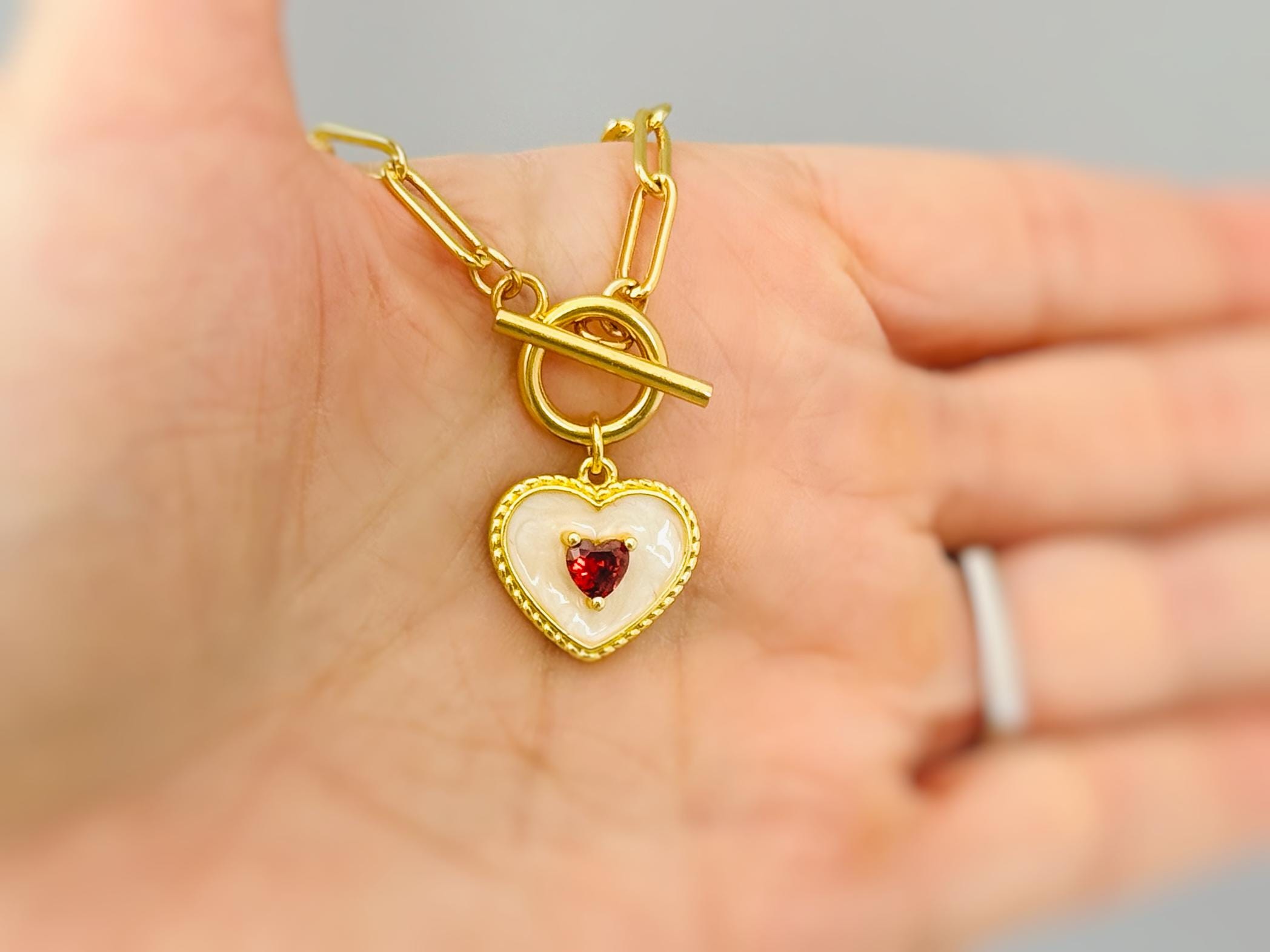 Romantic Heart Necklace Gold, paperclip chain toggle clasp dainty garnet necklace for women January birthstone gift for Mom Valentines Day