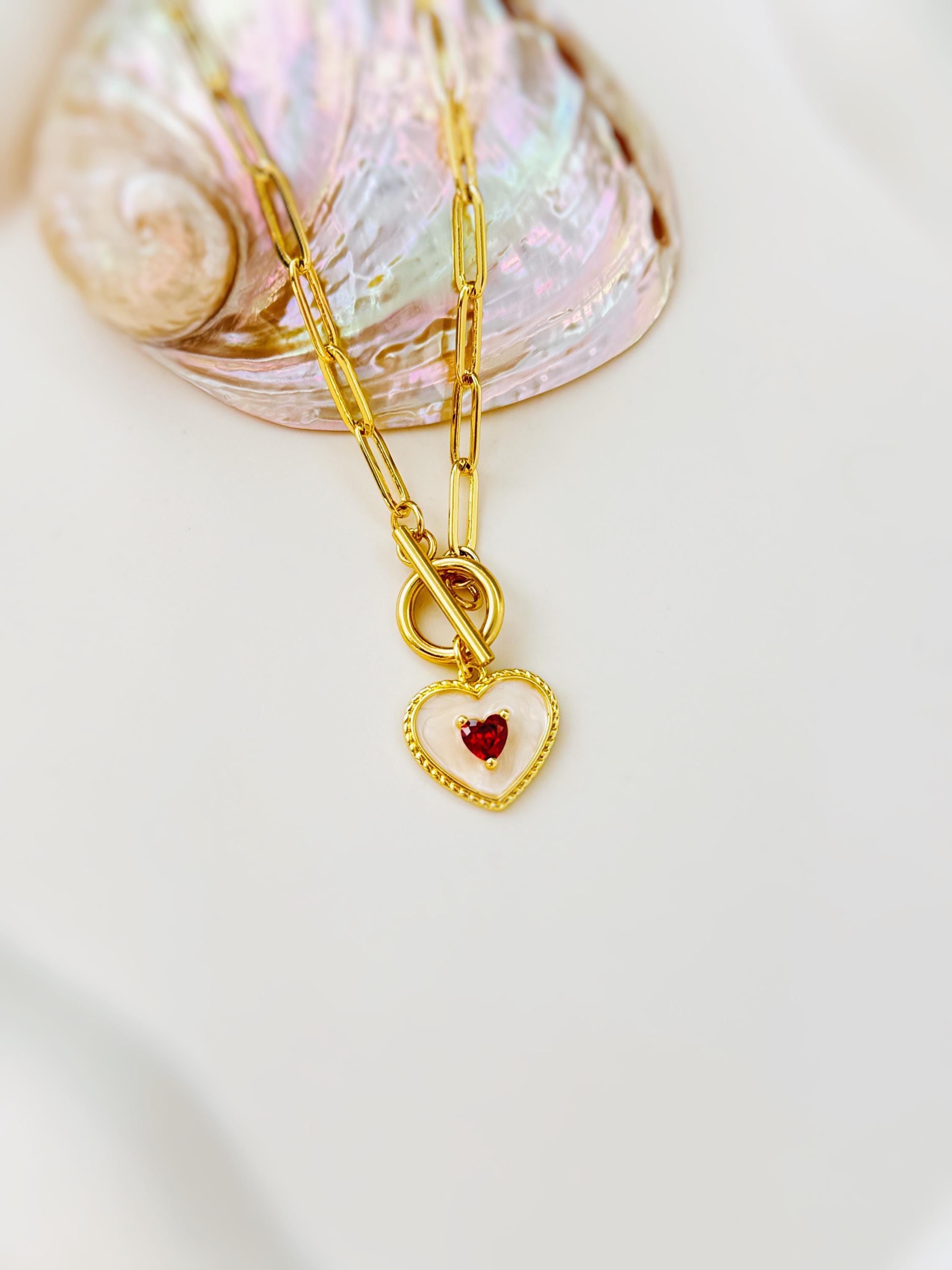 Romantic Heart Necklace Gold, paperclip chain toggle clasp dainty garnet necklace for women January birthstone gift for Mom Valentines Day