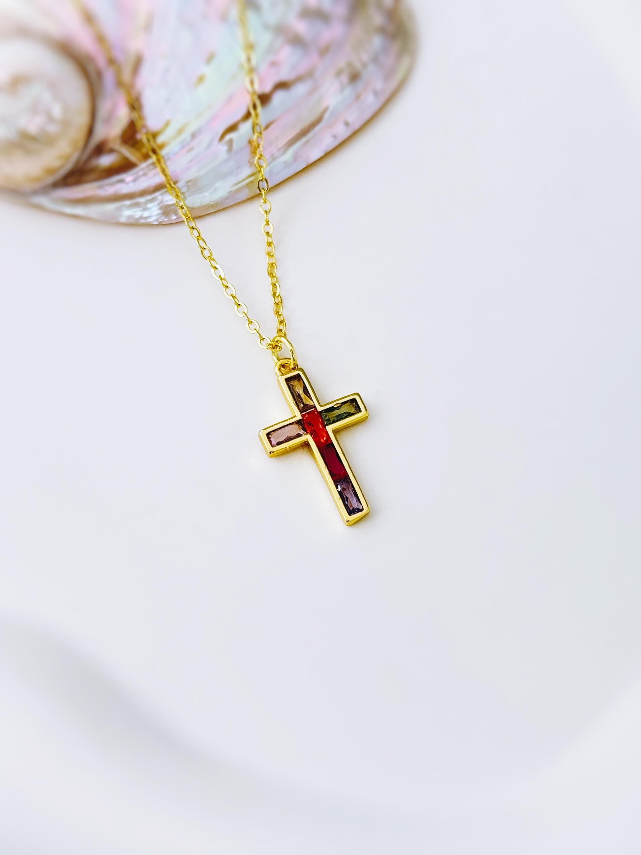 Dainty Gold Cross Necklace for women colorful handmade gemstone jewelry Christian faith necklace baptism communion religious Easter gift her