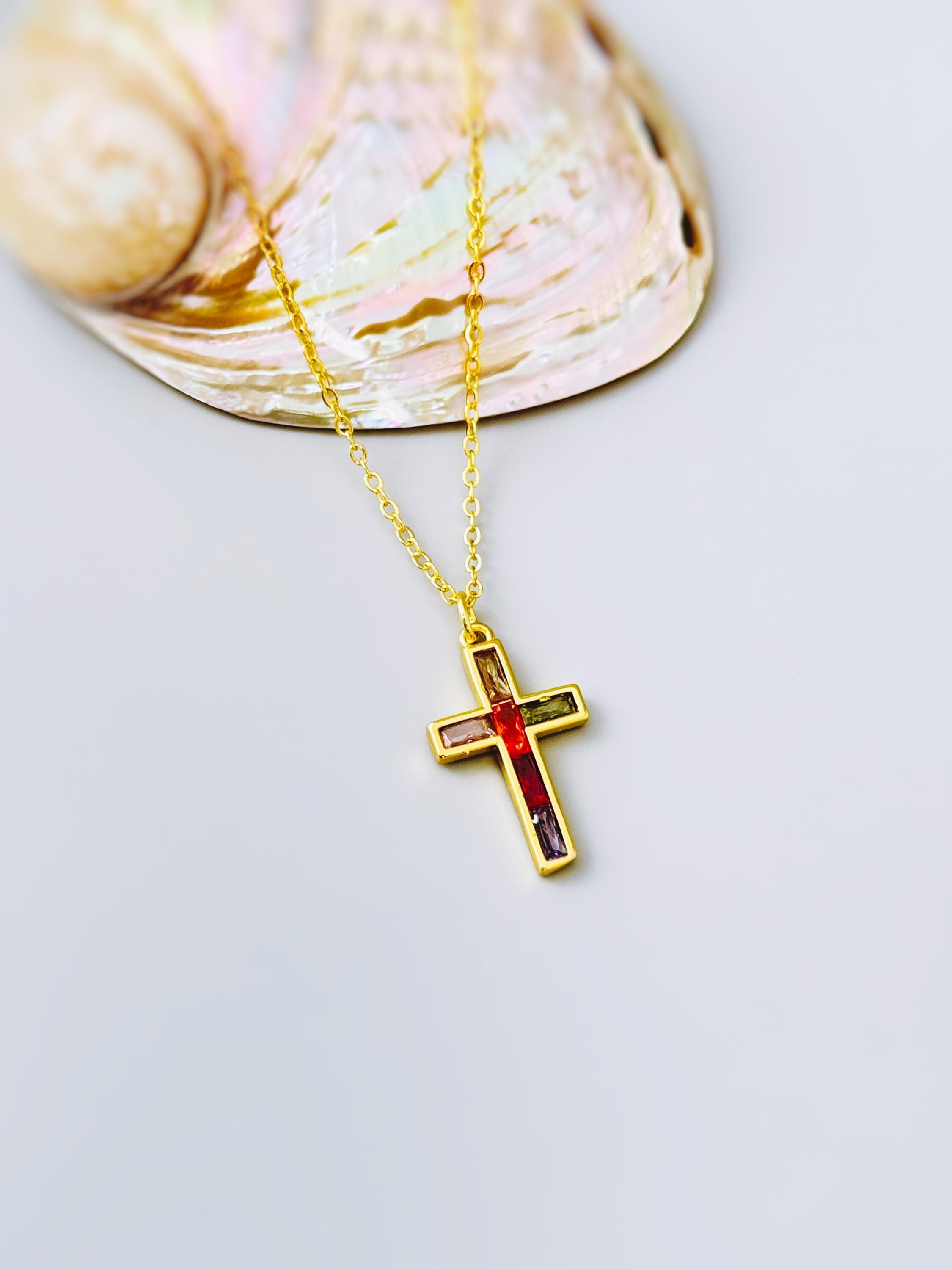 Dainty Gold Cross Necklace for women colorful handmade gemstone jewelry Christian faith necklace baptism communion religious Easter gift her