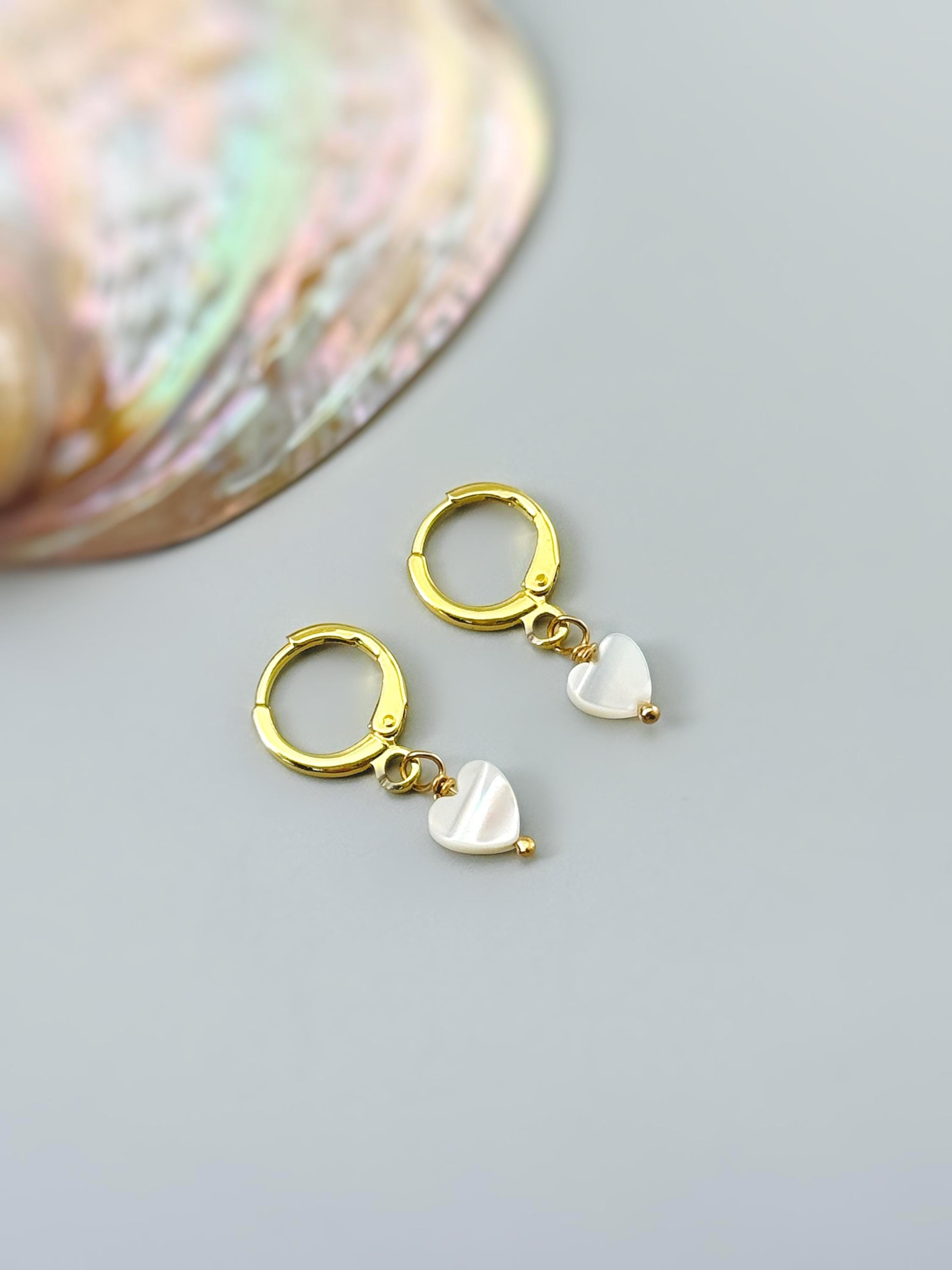 Dainty Gold Mother of Pearl Heart Earrings Huggie Hoops Dangle charms Silver, Rose Gold romantic birthday gift girlfriend wife sister mom