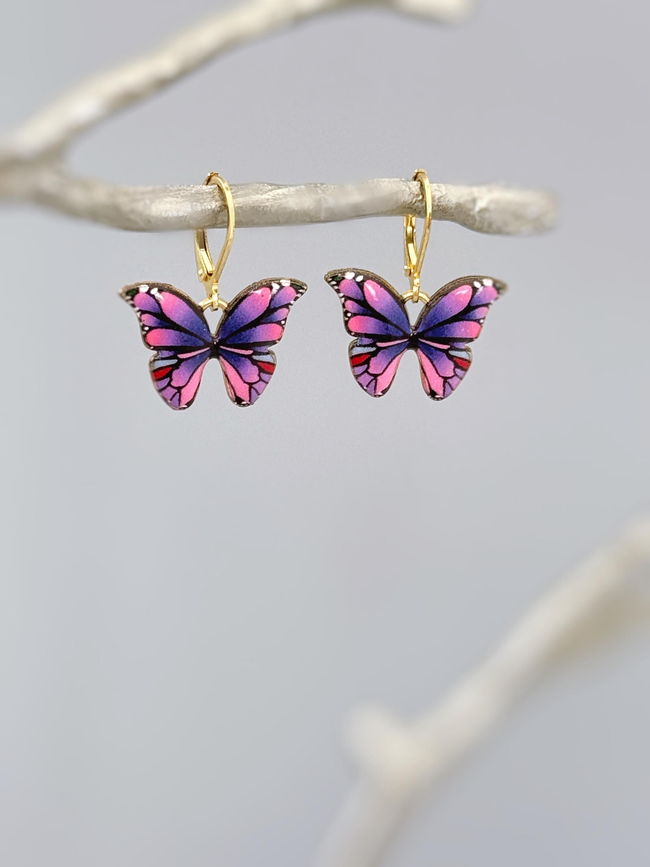 Purple Butterfly Earrings Dangle Gold Handmade Colorful Spring Summer Jewelry gifts for gardener, mothers day, insect, nature lover, mom
