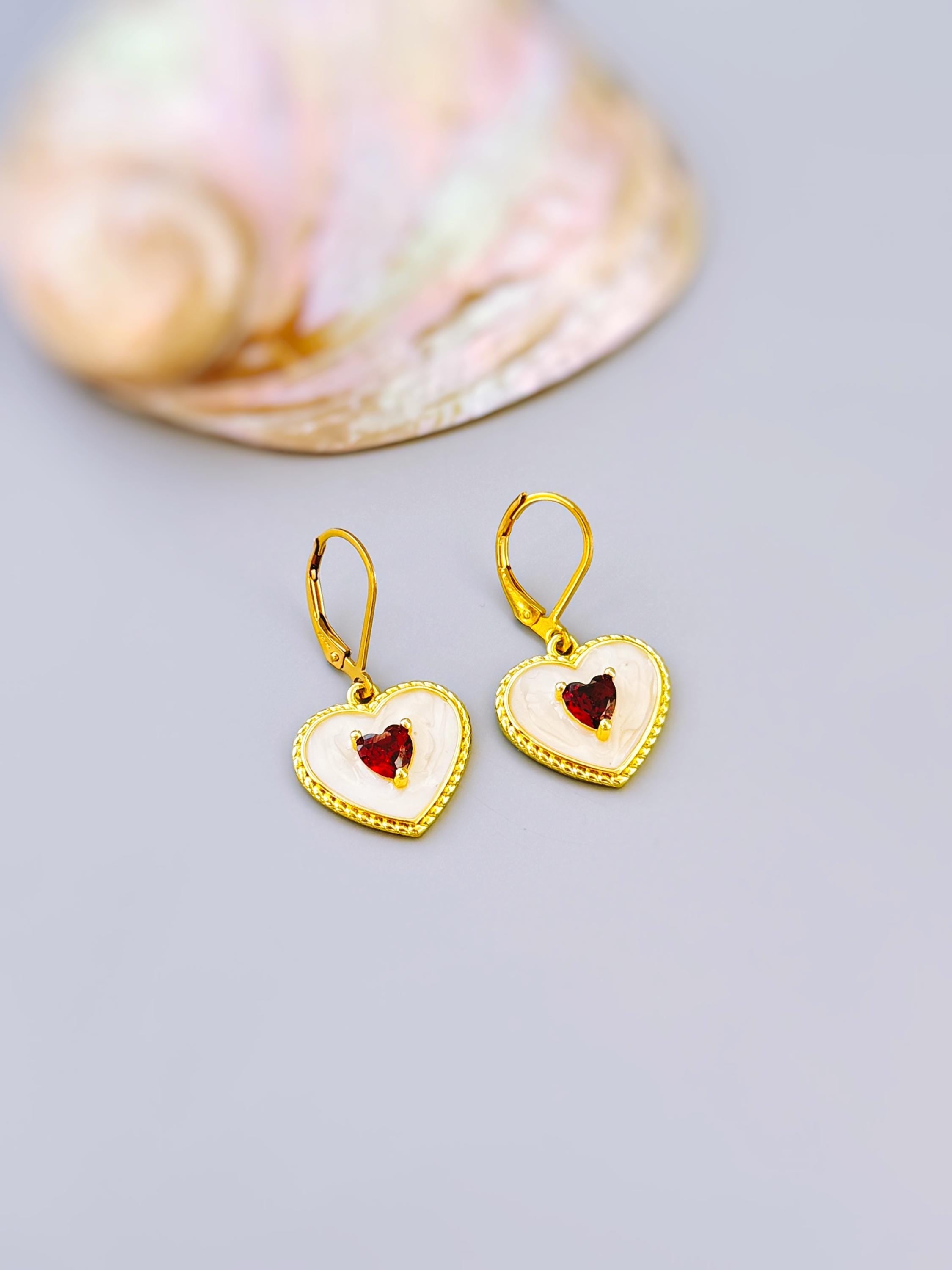 Gold Red Heart Earrings Dangle Handmade red garnet gemstone jewelry January birthstone Mothers Day gift for mom her romantic Valentines Day