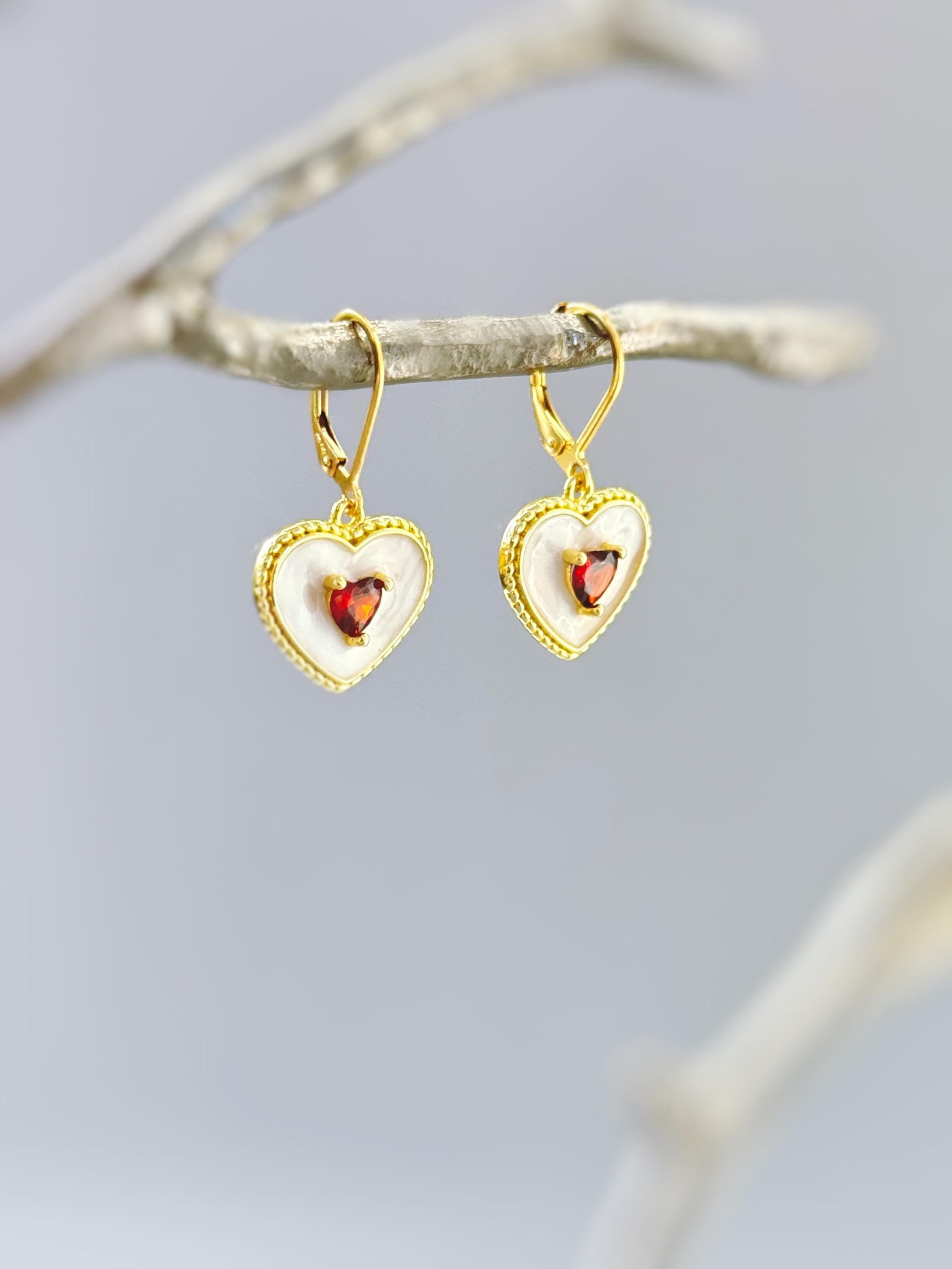 Gold Red Heart Earrings Dangle Handmade red garnet gemstone jewelry January birthstone Mothers Day gift for mom her romantic Valentines Day
