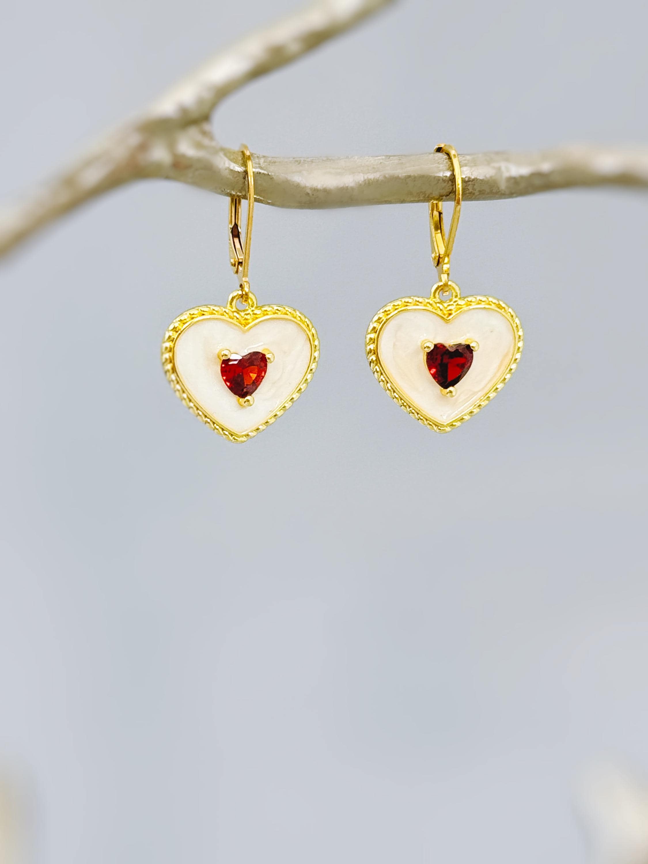 Gold Red Heart Earrings Dangle Handmade red garnet gemstone jewelry January birthstone Mothers Day gift for mom her romantic Valentines Day