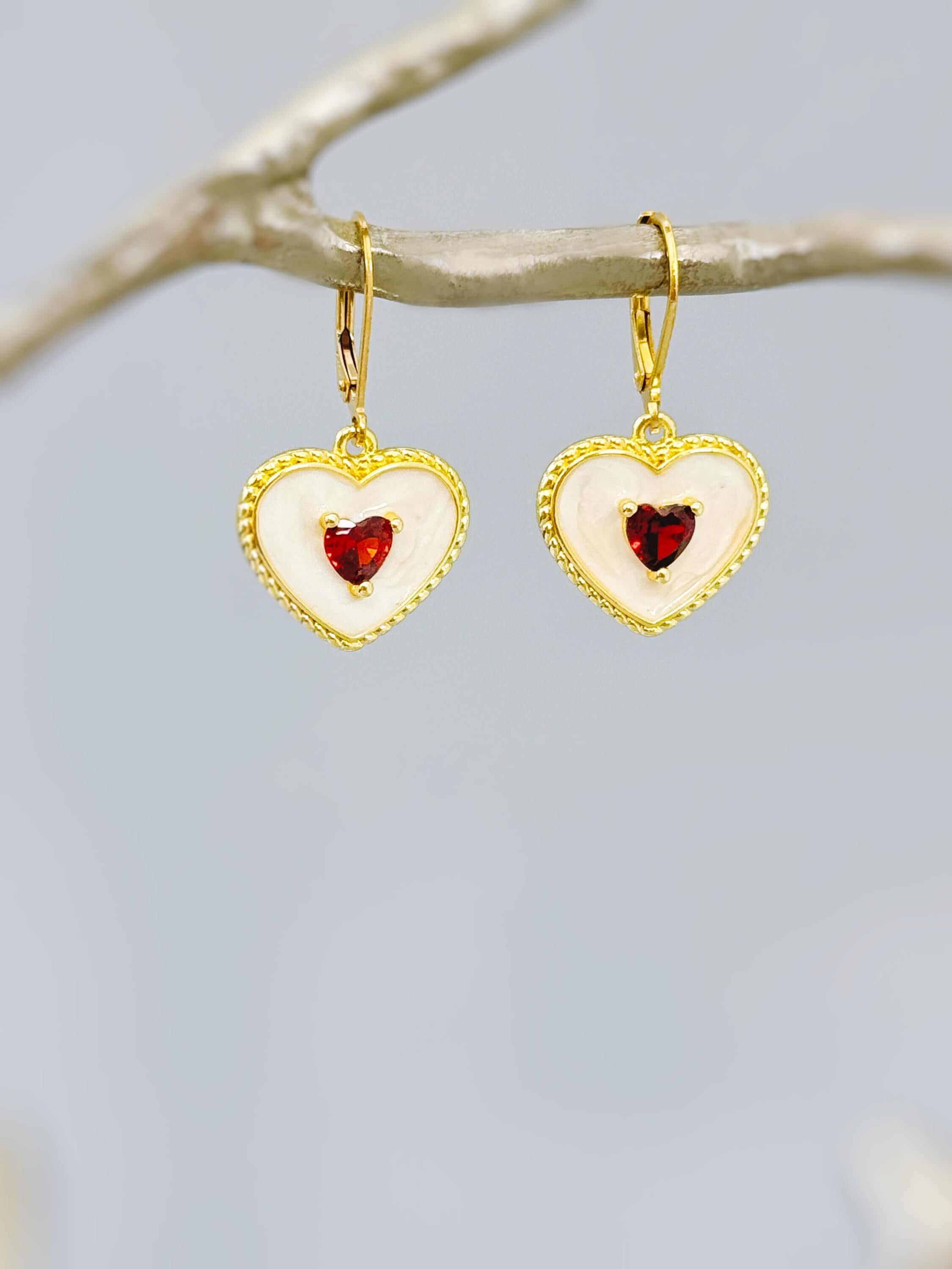 Gold Red Heart Earrings Dangle Handmade red garnet gemstone jewelry January birthstone Mothers Day gift for mom her romantic Valentines Day