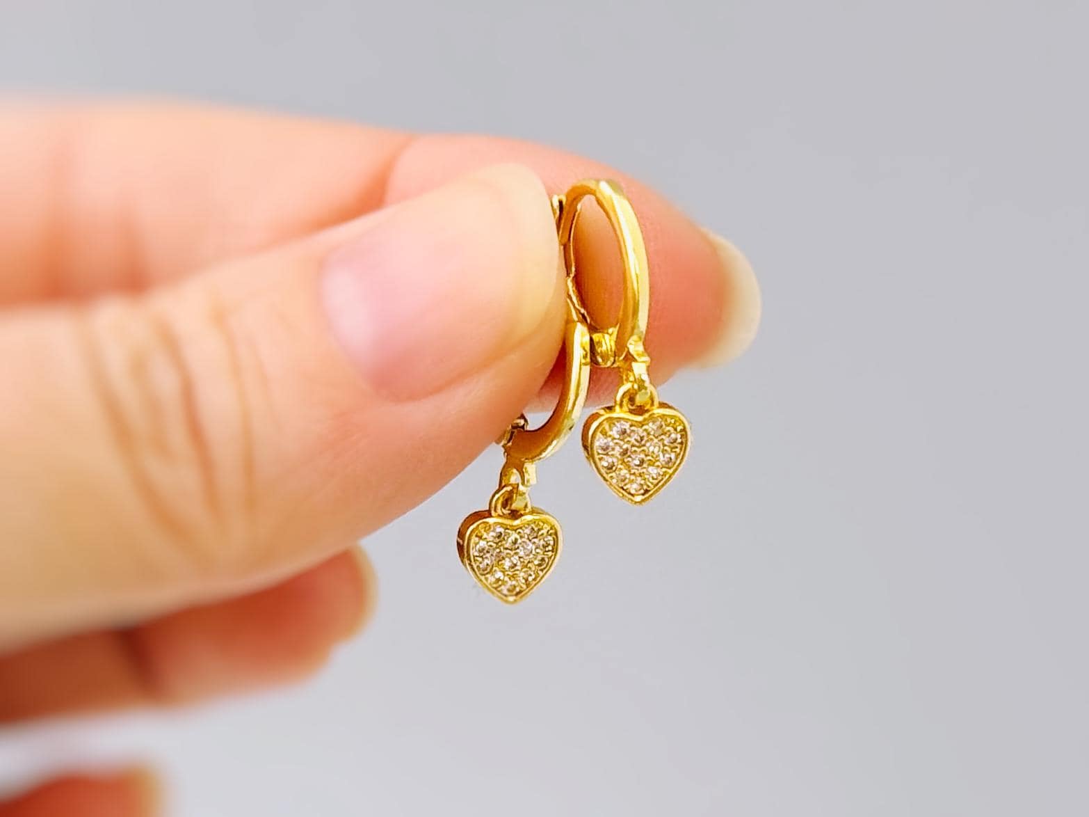 Dainty Gold Heart Earrings Dangle Huggie Hoops Crystal Heart Charm earrings for women handmade Valentines day jewelry gift for friend, moms