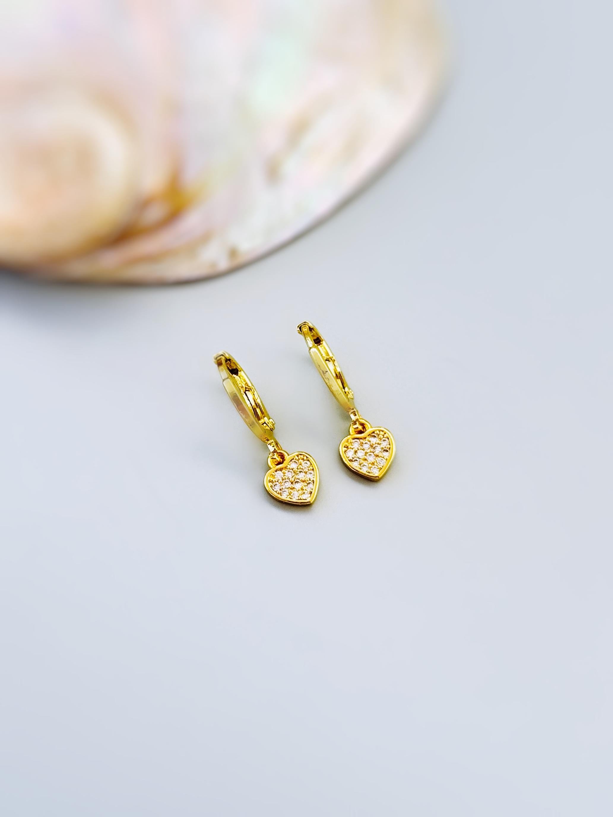 Tiny Gold Heart Earrings Dangle Huggie Hoops Crystal Heart Charm earrings for women handmade Valentines day jewelry gift for friend, moms