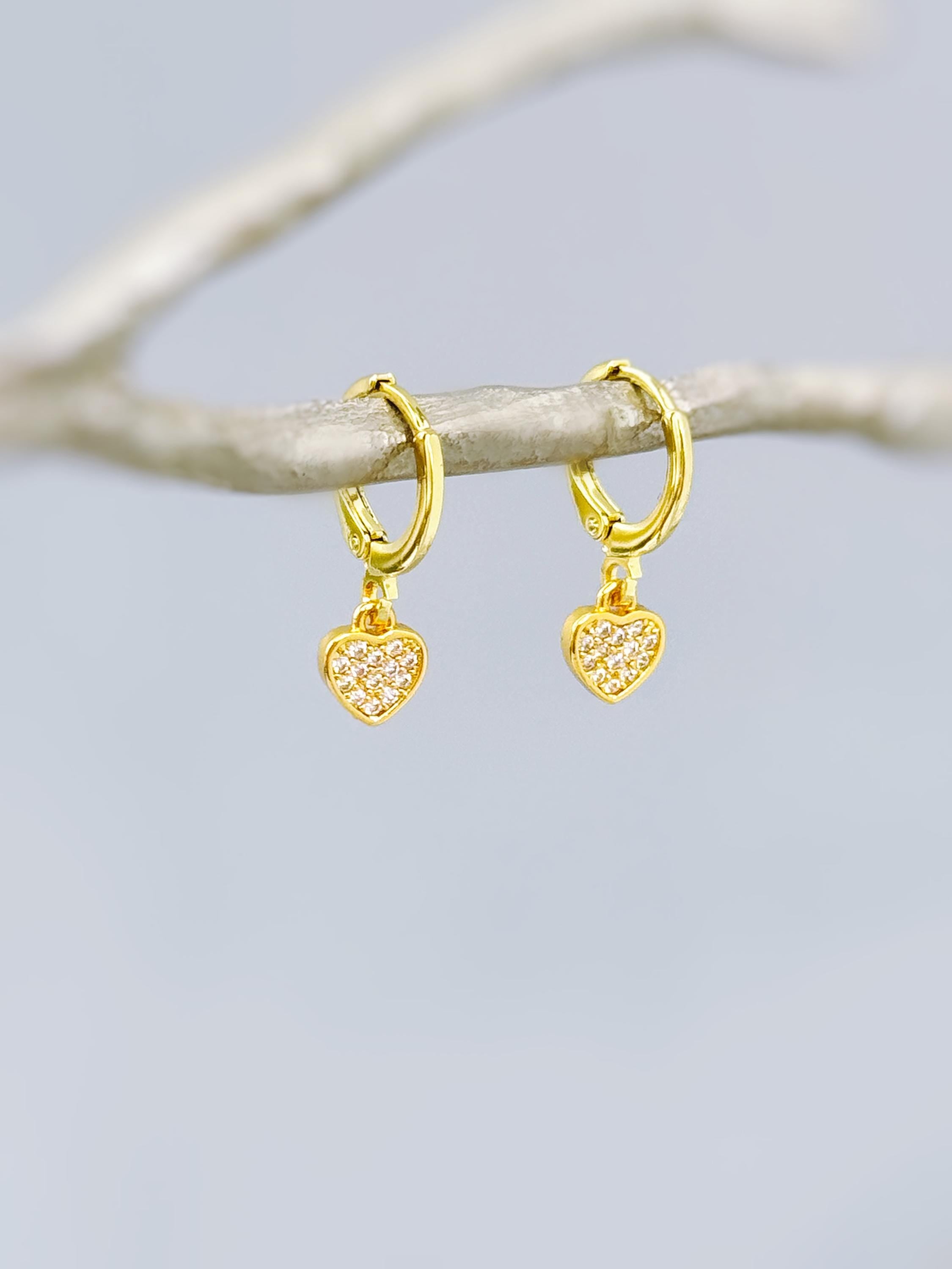 Dainty Gold Heart Earrings Dangle Huggie Hoops Crystal Heart Charm earrings for women handmade Valentines day jewelry gift for friend, moms