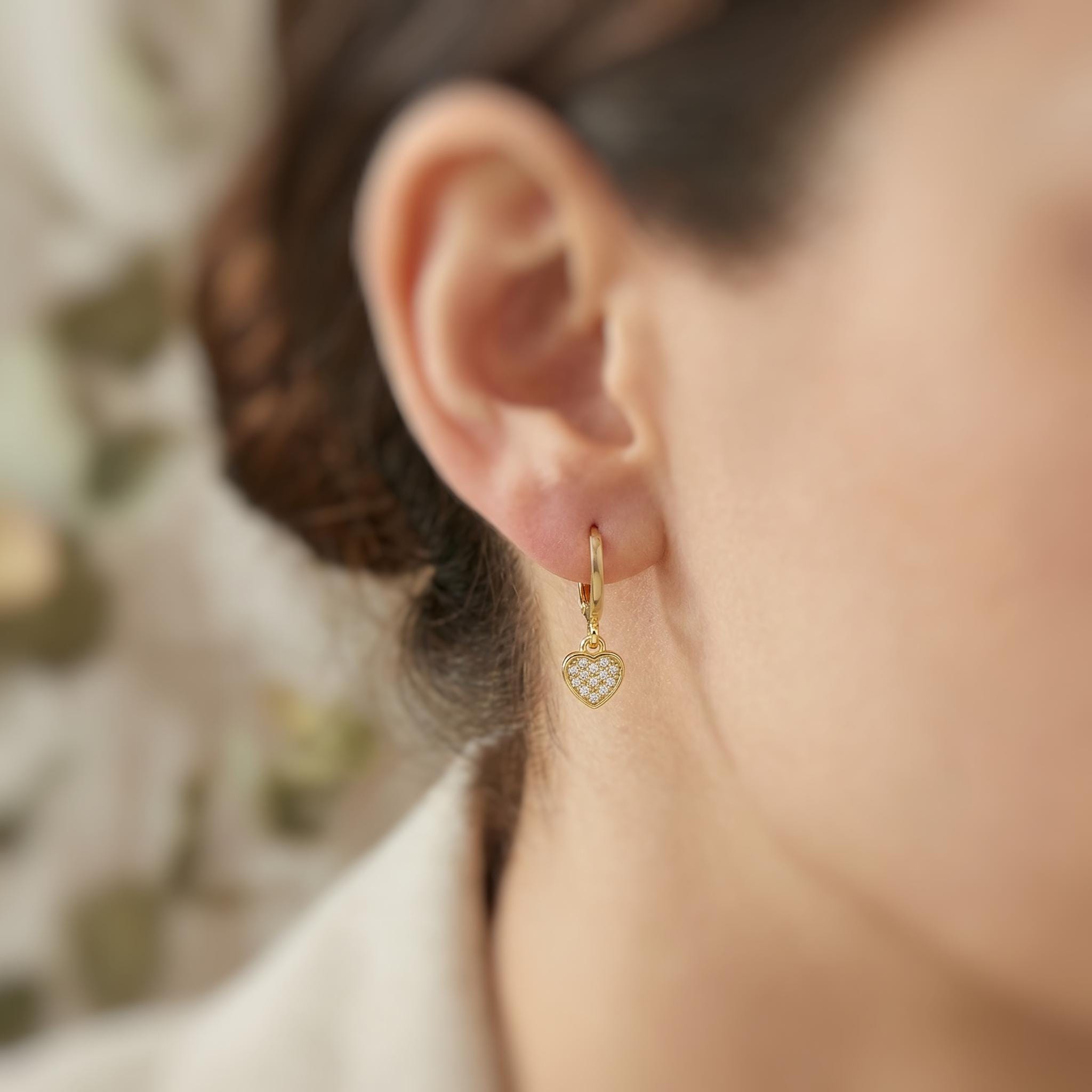 Tiny Gold Heart Earrings Dangle Huggie Hoops Crystal Heart Charm earrings for women handmade Valentines day jewelry gift for friend, moms