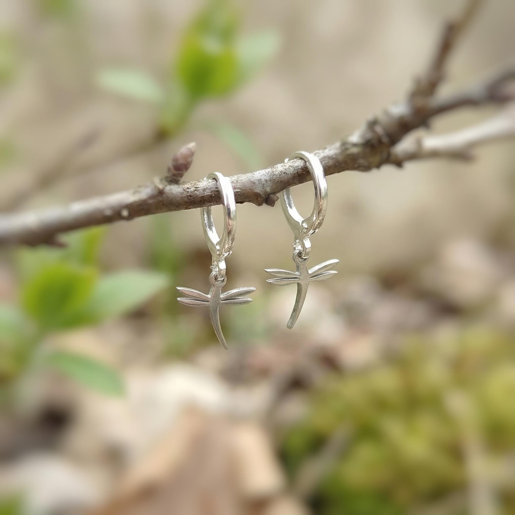Tiny Dragonfly Earrings dangle Huggie Hoops silver, gold