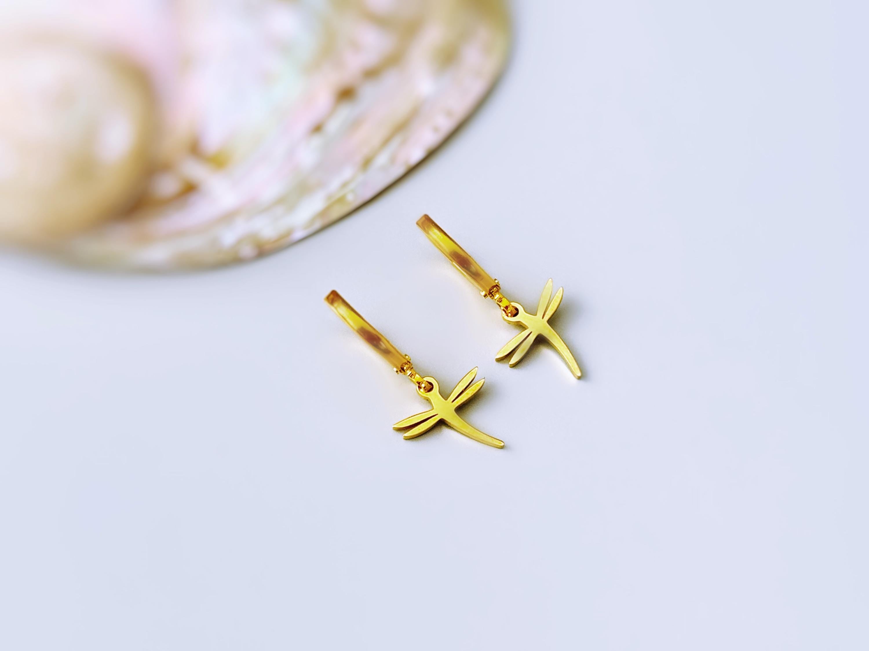 Tiny Dragonfly Earrings dangle Huggie Hoops silver, gold