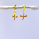 Tiny Dragonfly Earrings dangle Huggie Hoops silver, gold
