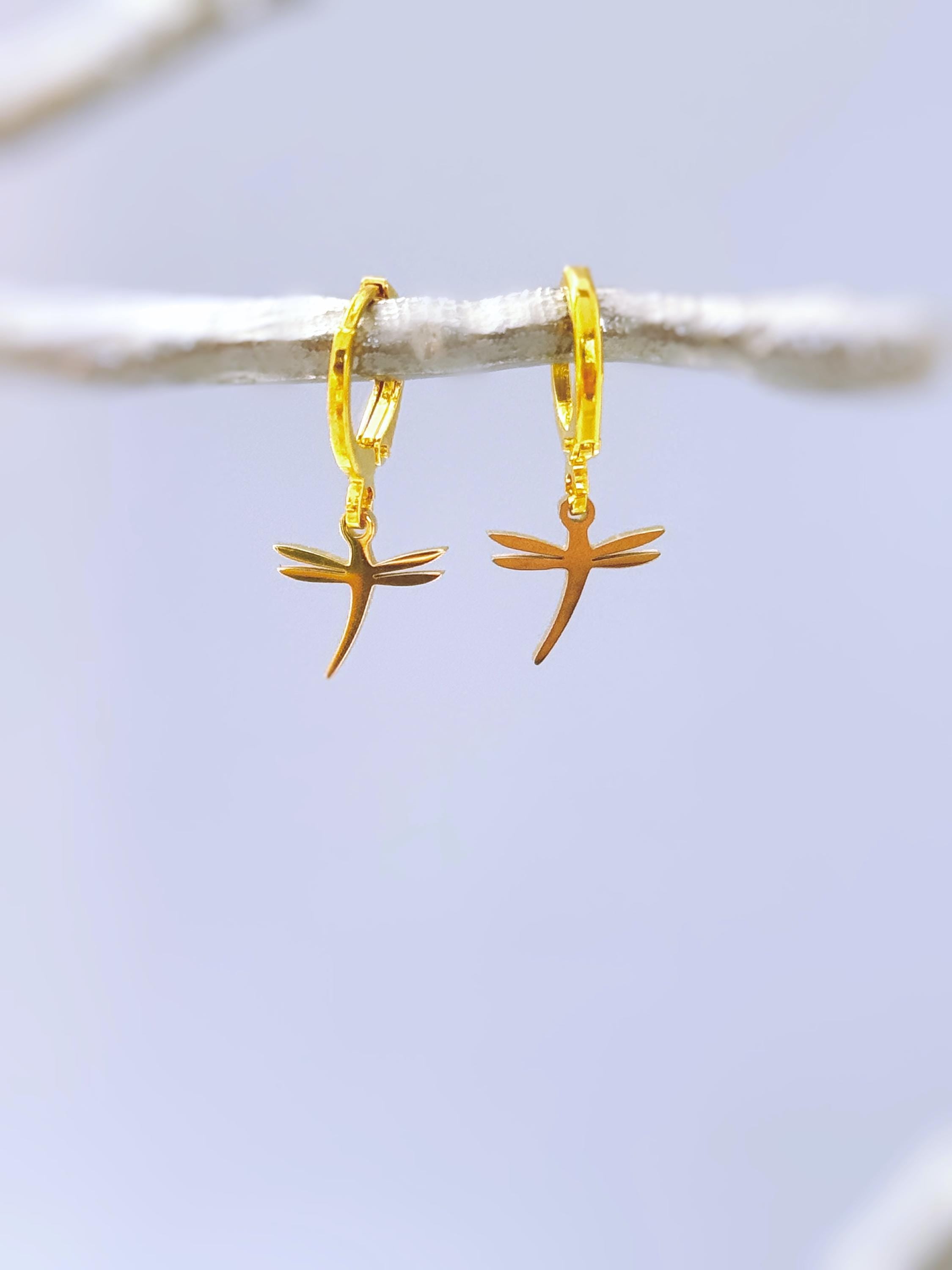 Tiny Dragonfly Earrings dangle Huggie Hoops silver, gold