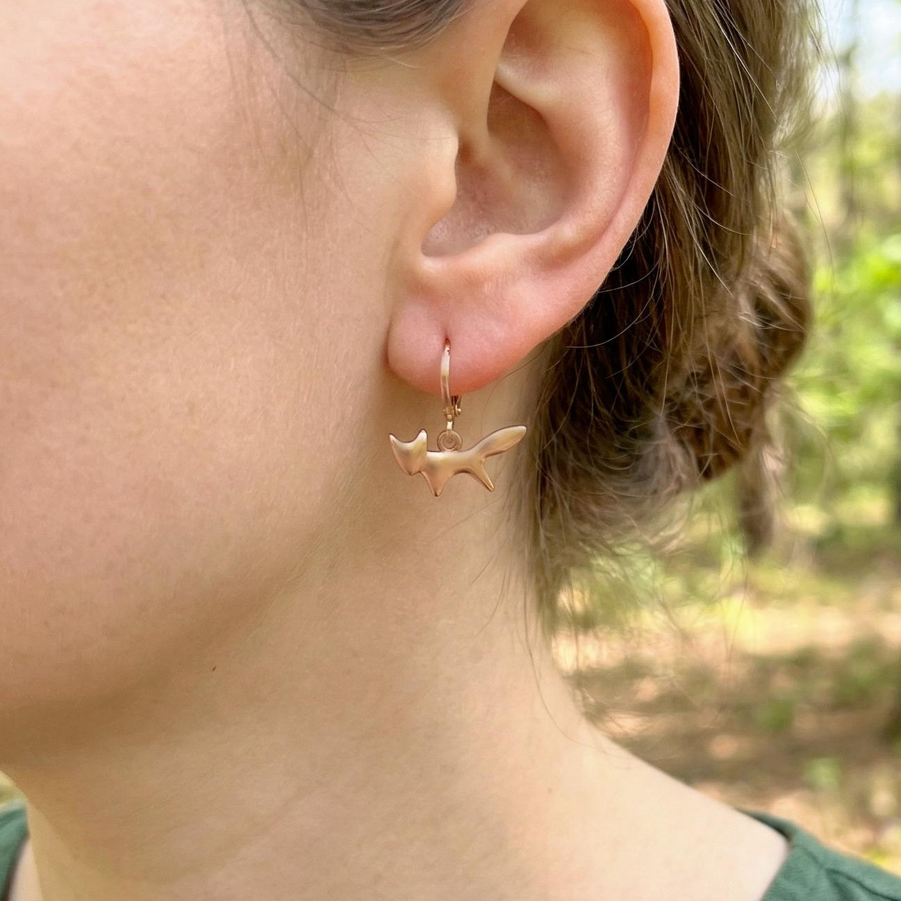 Rose Gold Fox Earrings dangle huggie hoops handmade nature woodland animal Jewelry minimalist cottagecore earrings gift for her, daughter