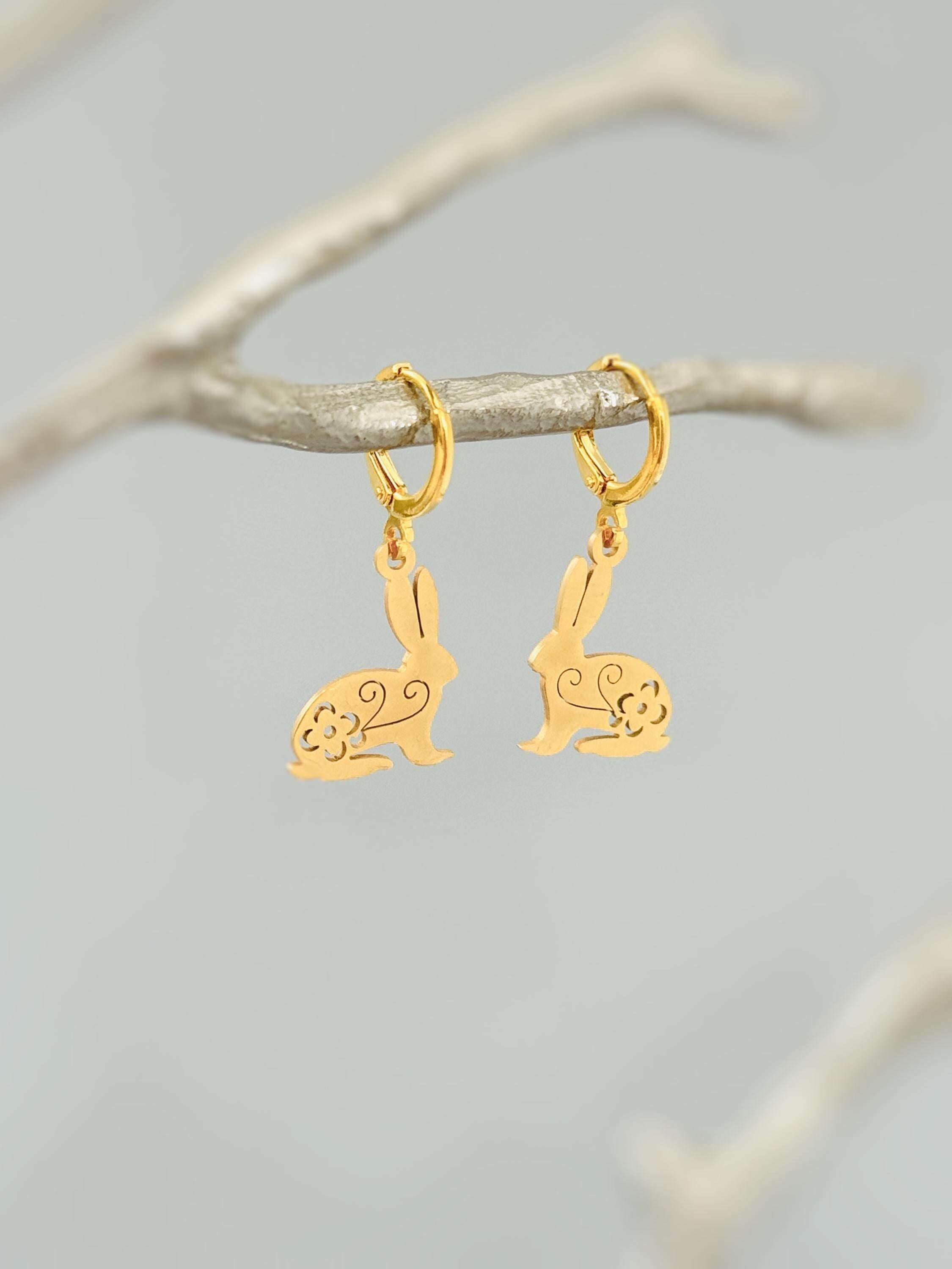 Bunny Rabbit Earrings Dangle Silver, Gold Huggie Hoops cute Spring jewelry Easter Gift for her cottagecore woodland creature nature jewelry