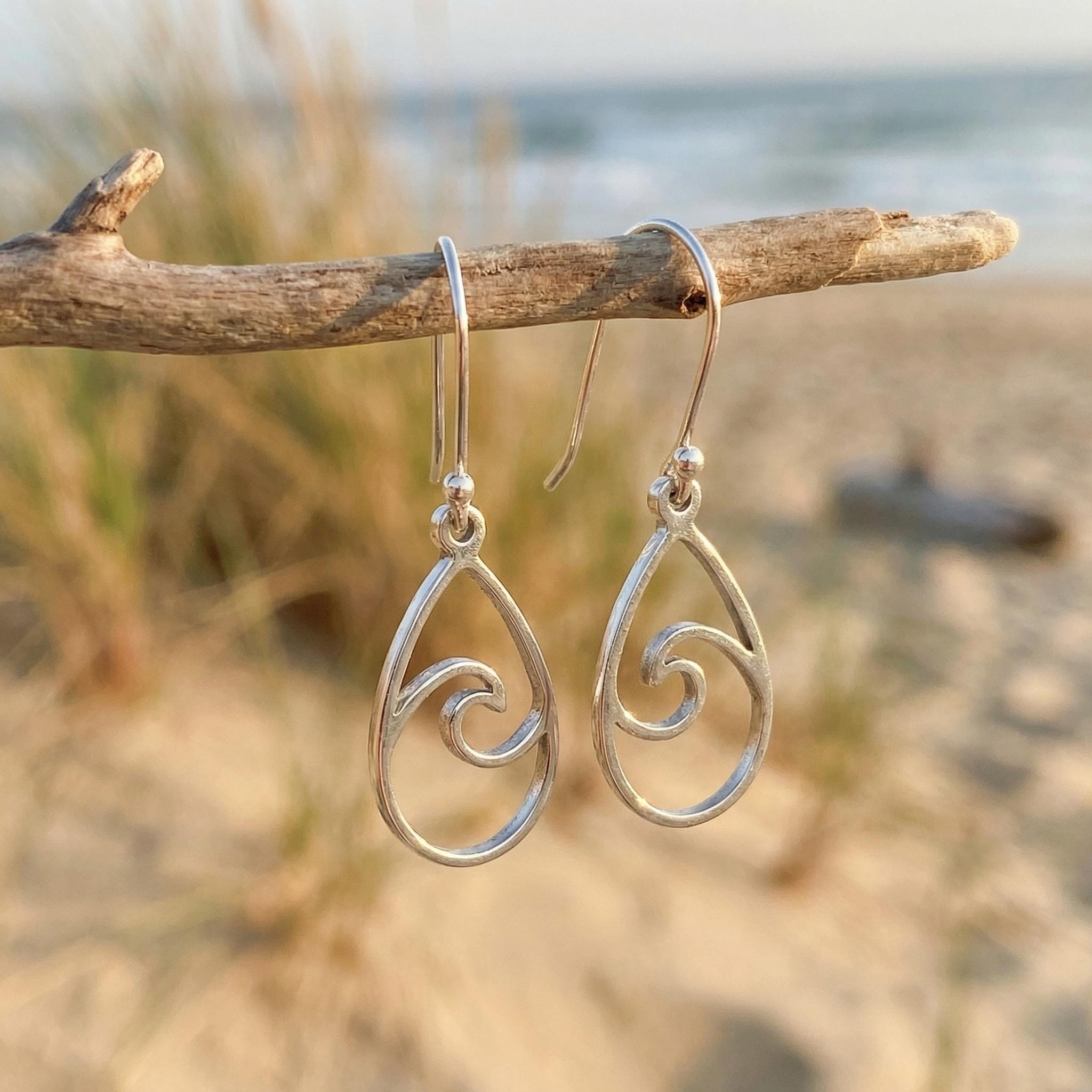 Teardrop Wave Earrings dangle sterling silver handmade dangly long lightweight Jewelry unique gift for best friend sister nature water lover