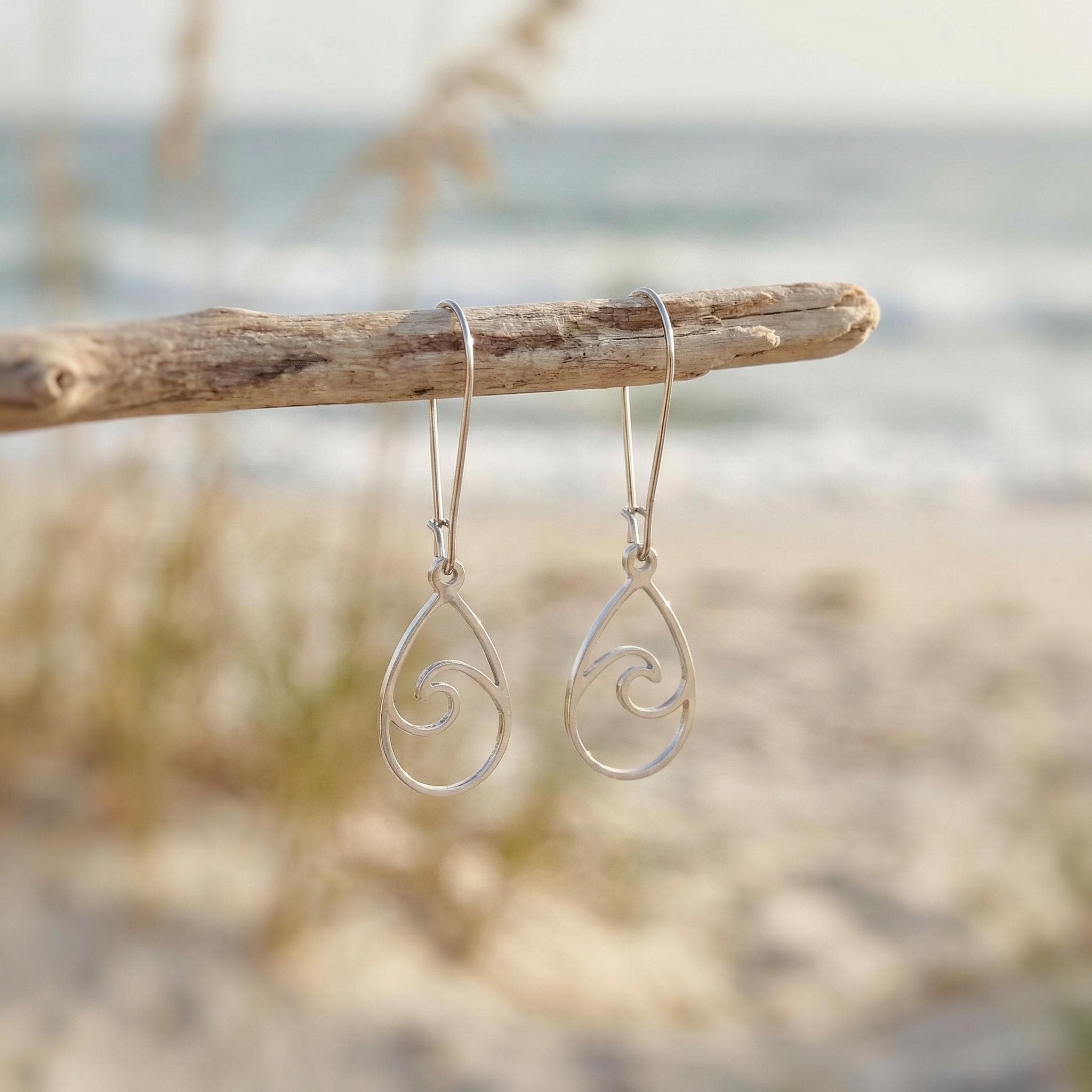 Teardrop Wave Earrings dangle sterling silver handmade dangly long lightweight Jewelry unique gift for best friend sister nature water lover