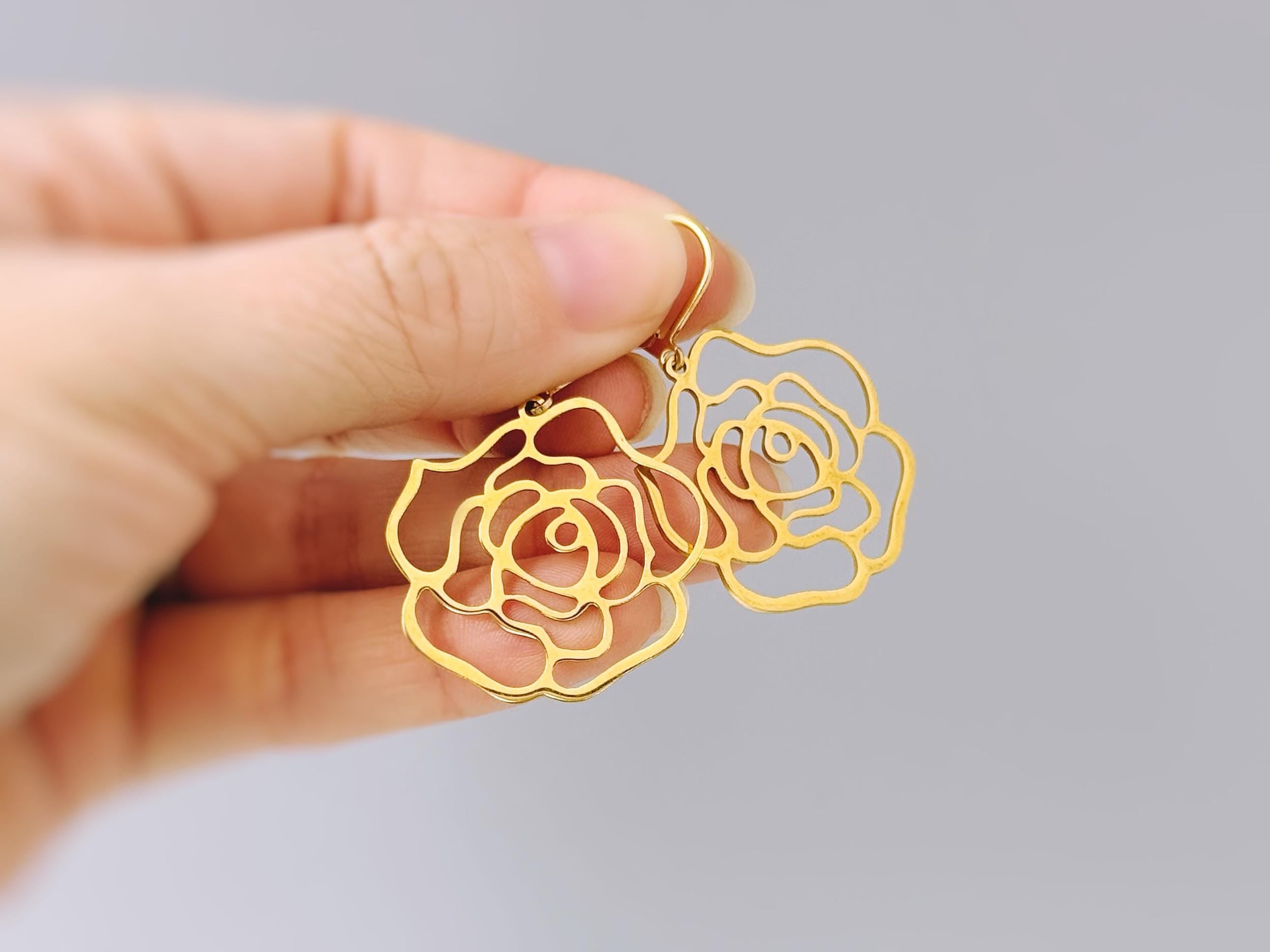 Rose Earrings dangle gold, silver handmade elegant lightweight statement floral nature jewelry June Birth Flower gift for mom, wife gardener