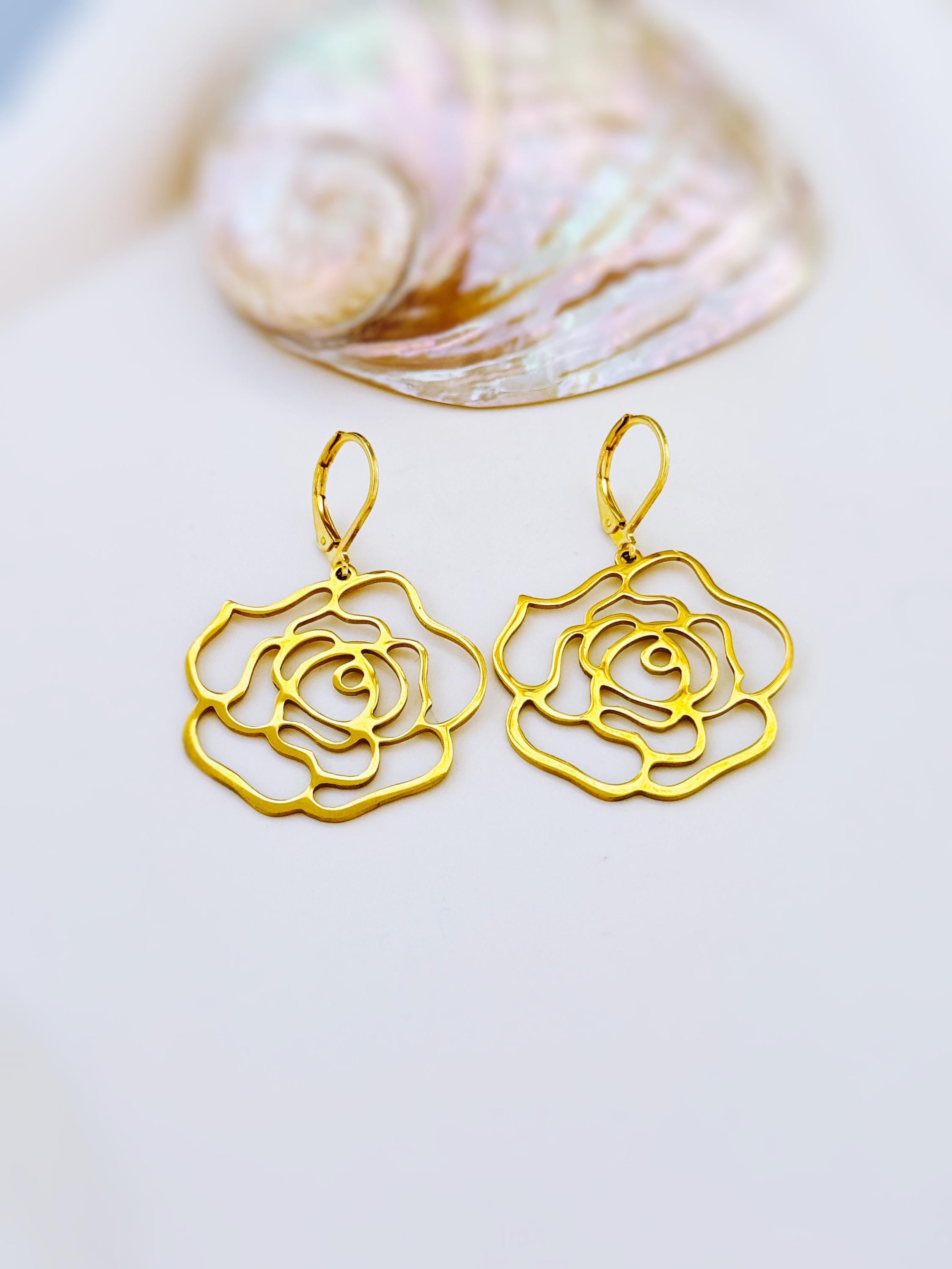 Rose Earrings dangle gold, silver handmade elegant lightweight statement floral nature jewelry June Birth Flower gift for mom, wife gardener