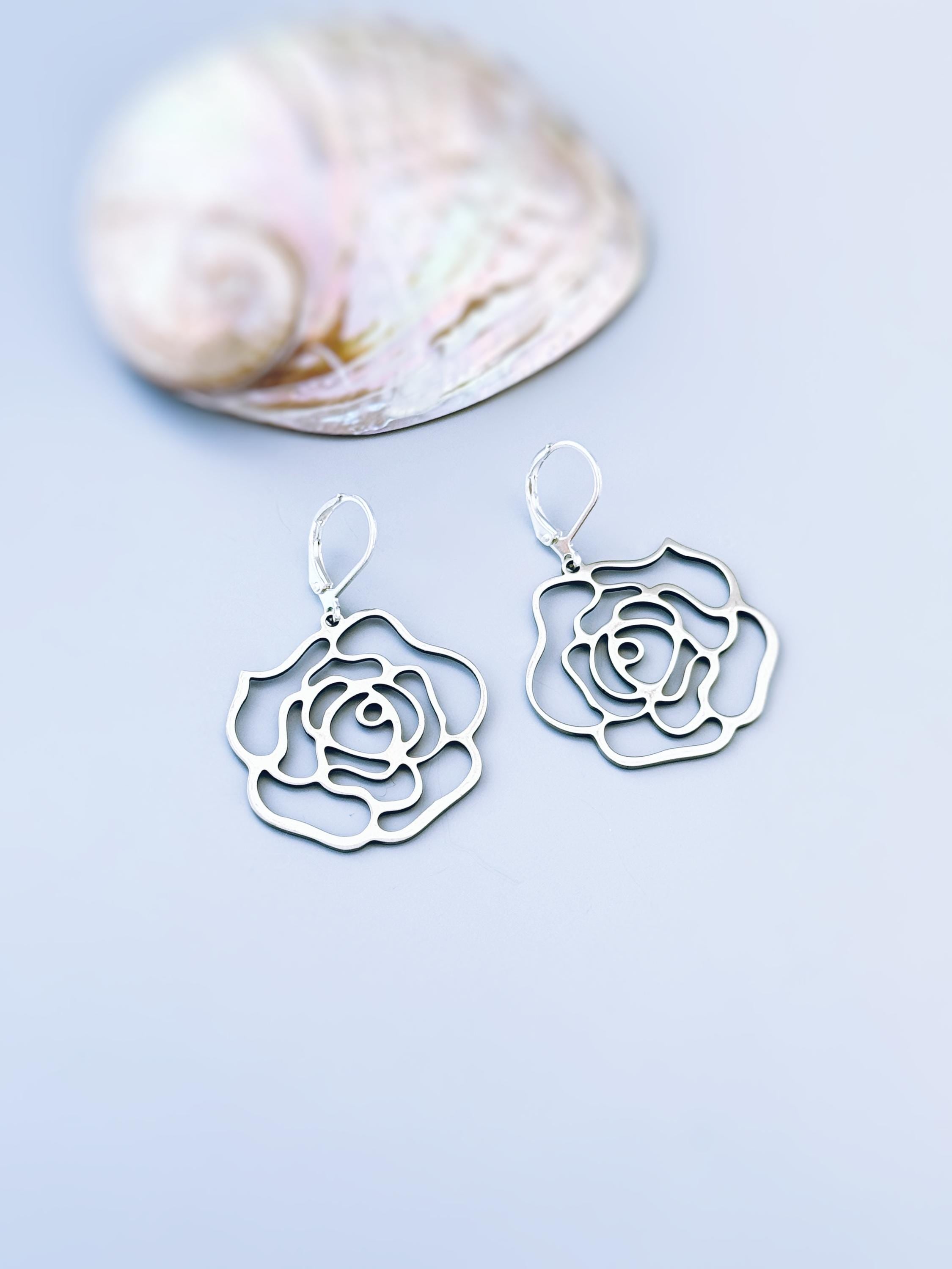 Rose Earrings dangle gold, silver handmade elegant lightweight statement floral nature jewelry June Birth Flower gift for mom, wife gardener