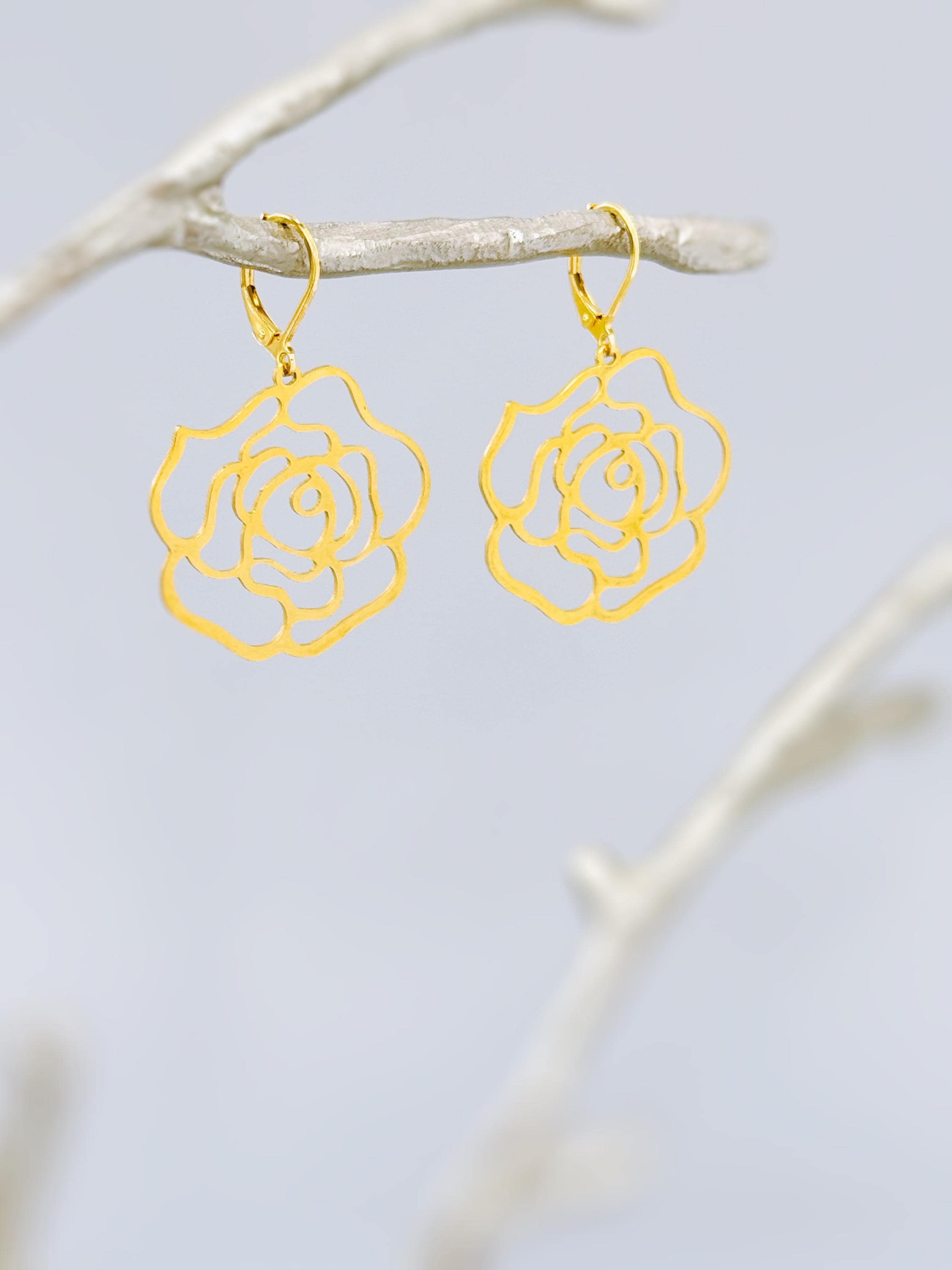 Rose Earrings dangle gold, silver handmade elegant lightweight statement floral nature jewelry June Birth Flower gift for mom, wife gardener