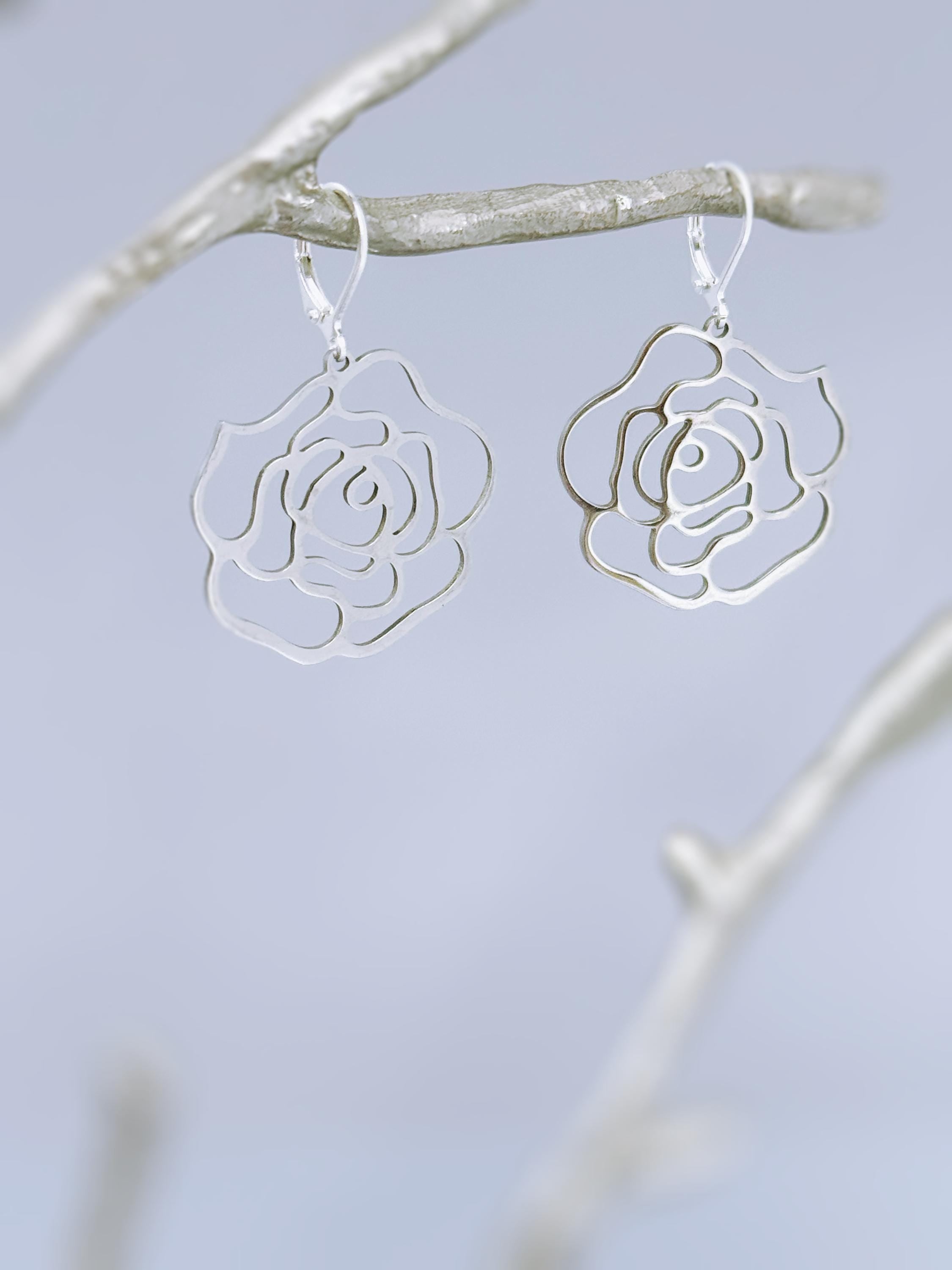 Rose Earrings dangle gold, silver handmade elegant lightweight statement floral nature jewelry June Birth Flower gift for mom, wife gardener