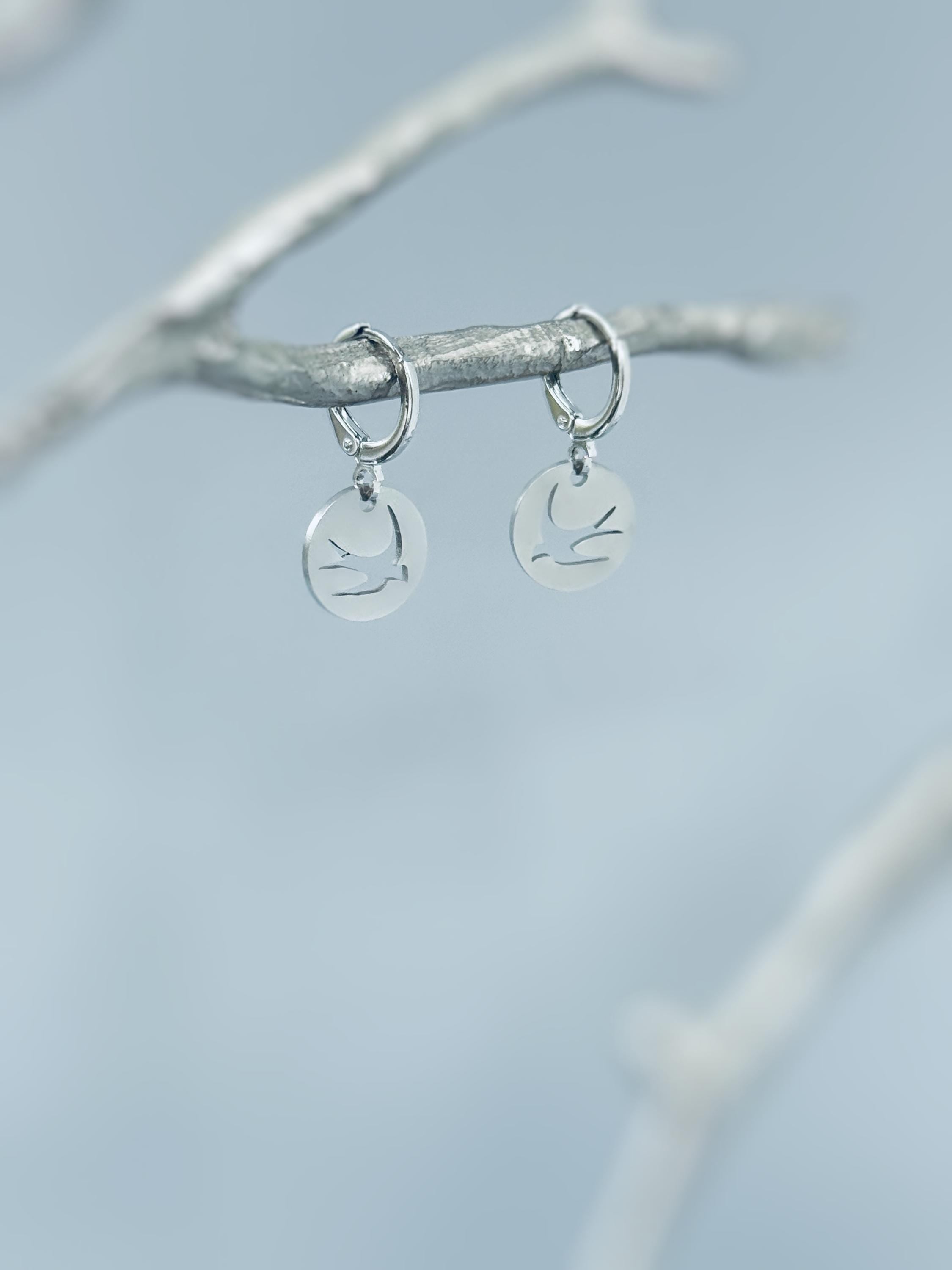 Dainty Swallow Bird Earrings dangle silver Huggie Hoops handmade minimalist nature jewelry gift for bird lovers watchers moms, daughters
