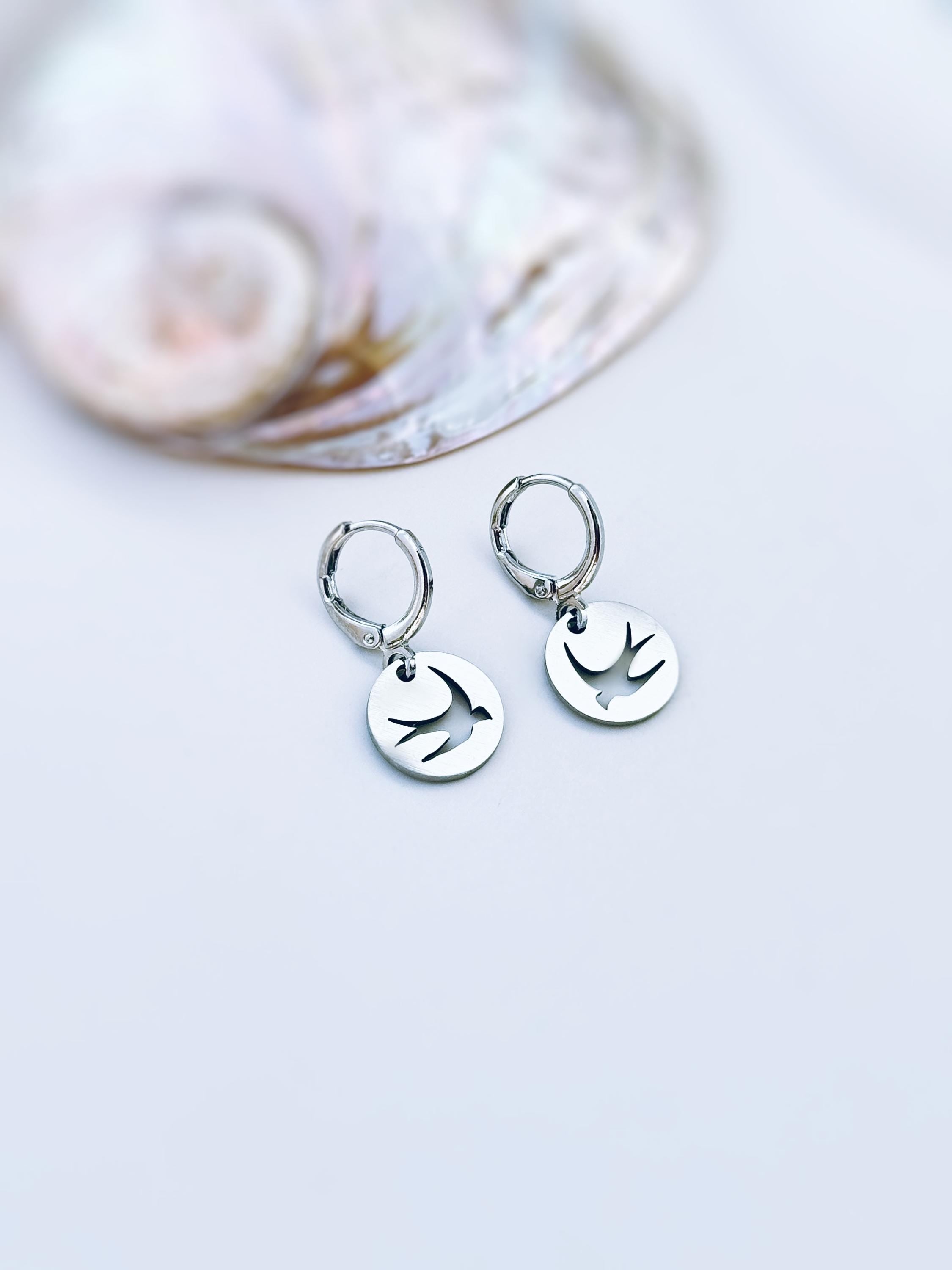 Dainty Swallow Bird Earrings dangle silver Huggie Hoops handmade minimalist nature jewelry gift for bird lovers watchers moms, daughters