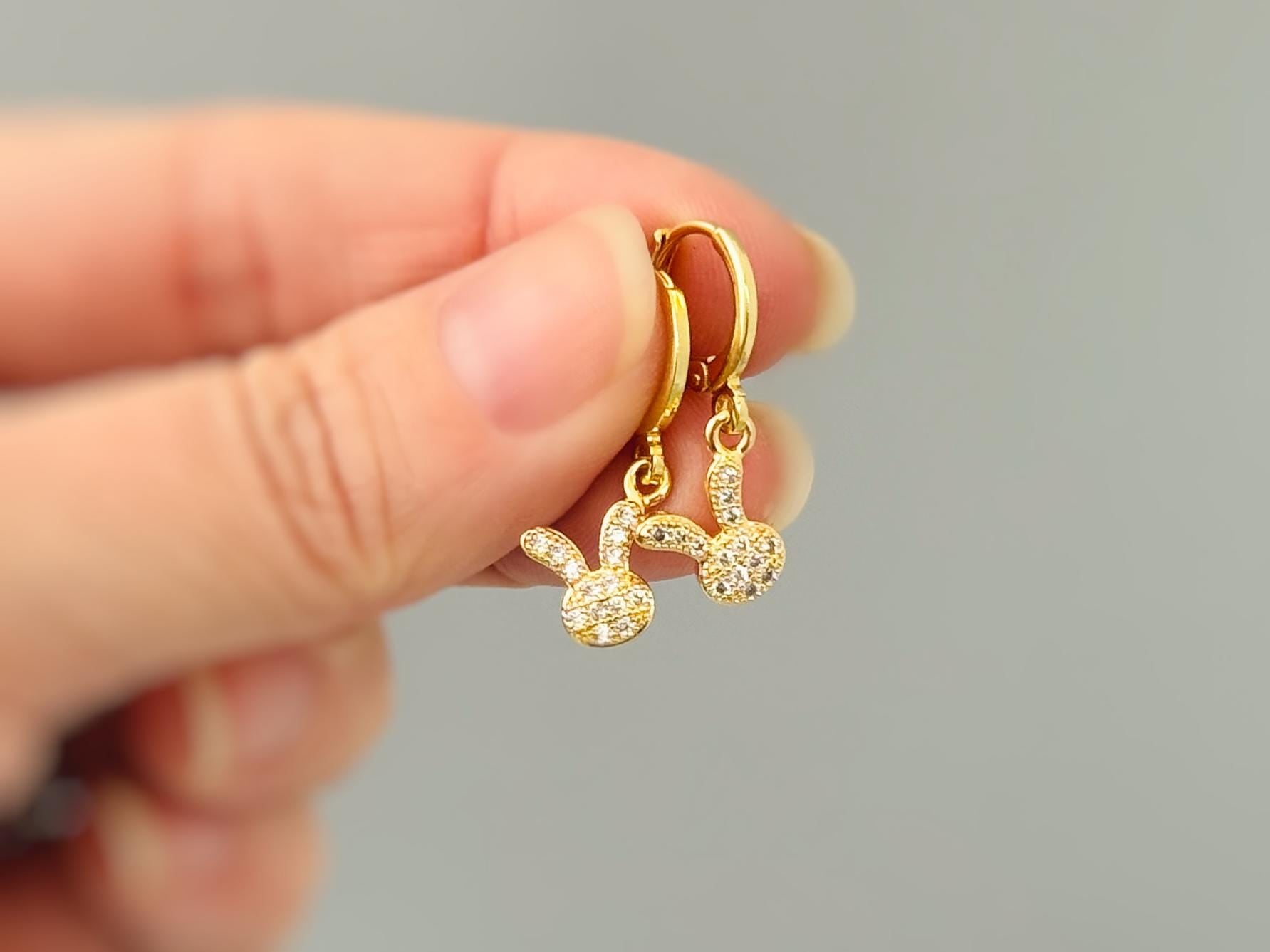 Dainty Bunny Earrings Dangle Gold Huggie Hoops cute Spring jewelry Easter Gift for her cottagecore woodland creature nature rabbit jewelry