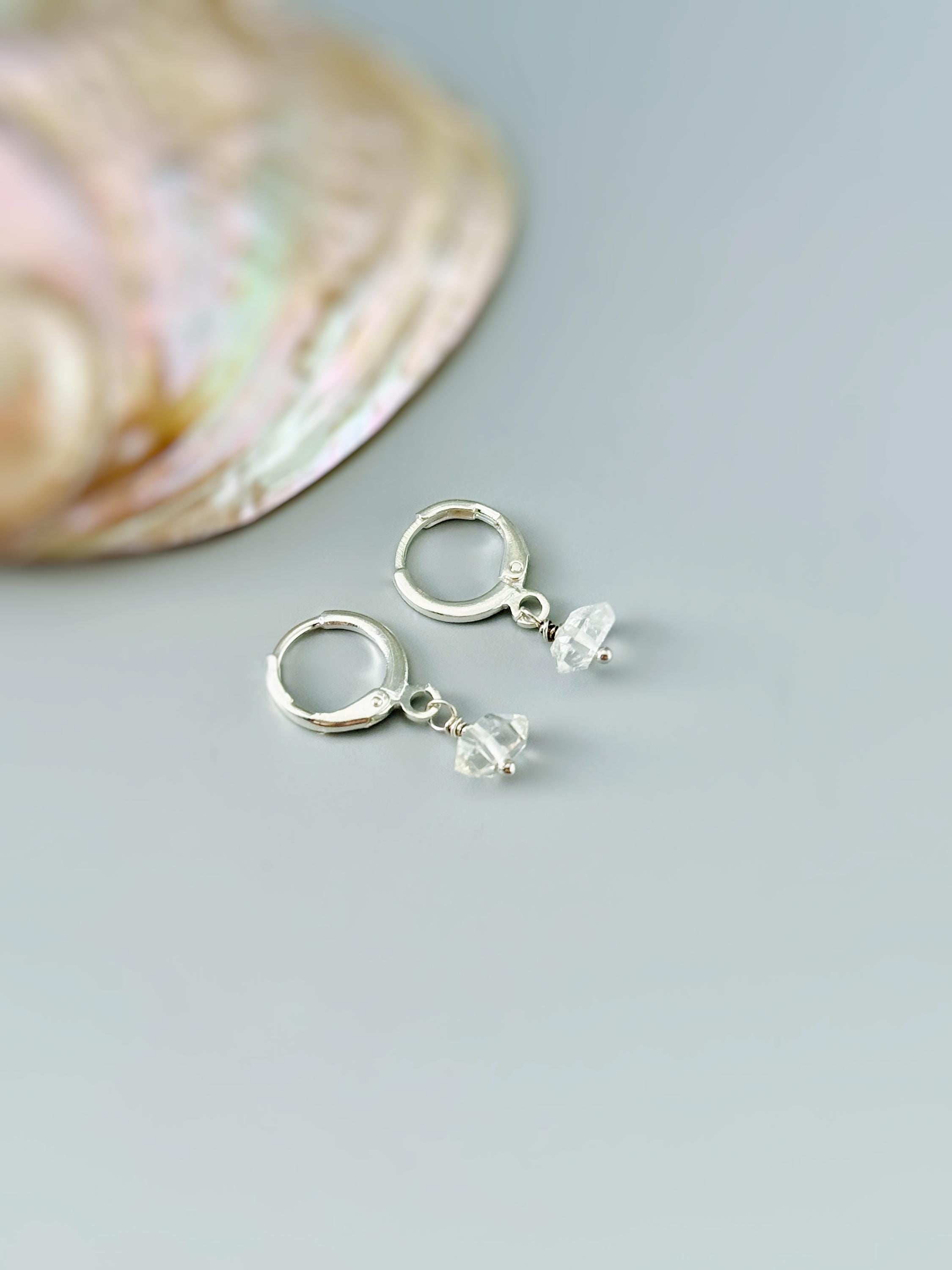 Dainty Herkimer Diamond Earrings Dangle Silver, Gold, Crystal Huggie Hoops minimalist handmade April Birthstone bridesmaids jewelry for her