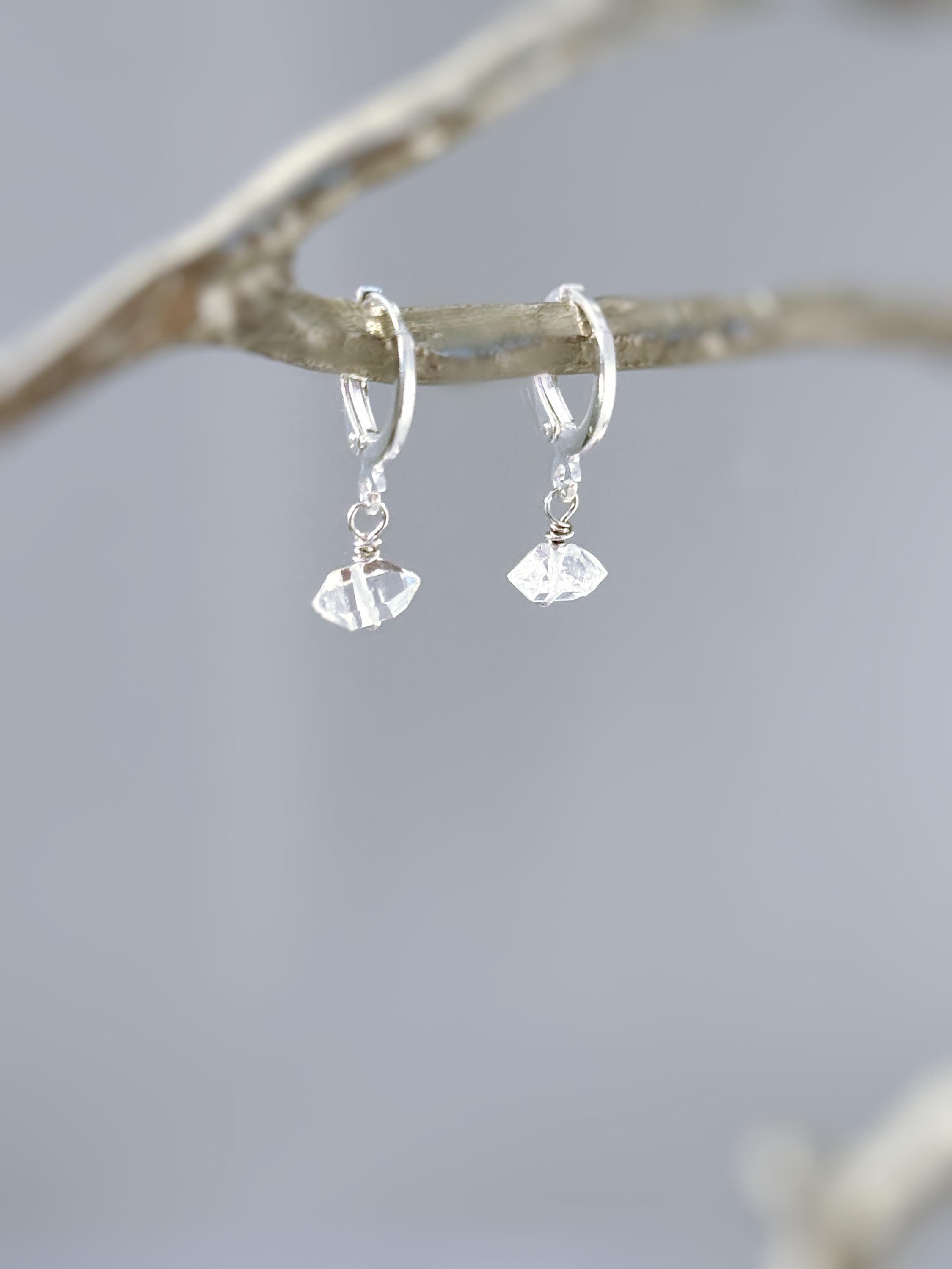 Dainty Herkimer Diamond Earrings Dangle Silver, Gold, Crystal Huggie Hoops minimalist handmade April Birthstone bridesmaids jewelry for her