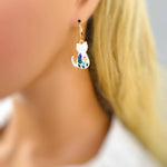 White Cat Earrings dangle cute Cat Jewelry, Gold Leverbacks, white floral flower Earrings style Cat Lover Gift for gardeners, moms, vets bff