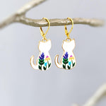 White Cat Earrings dangle cute Cat Jewelry, Gold Leverbacks, white floral flower Earrings style Cat Lover Gift for gardeners, moms, vets bff
