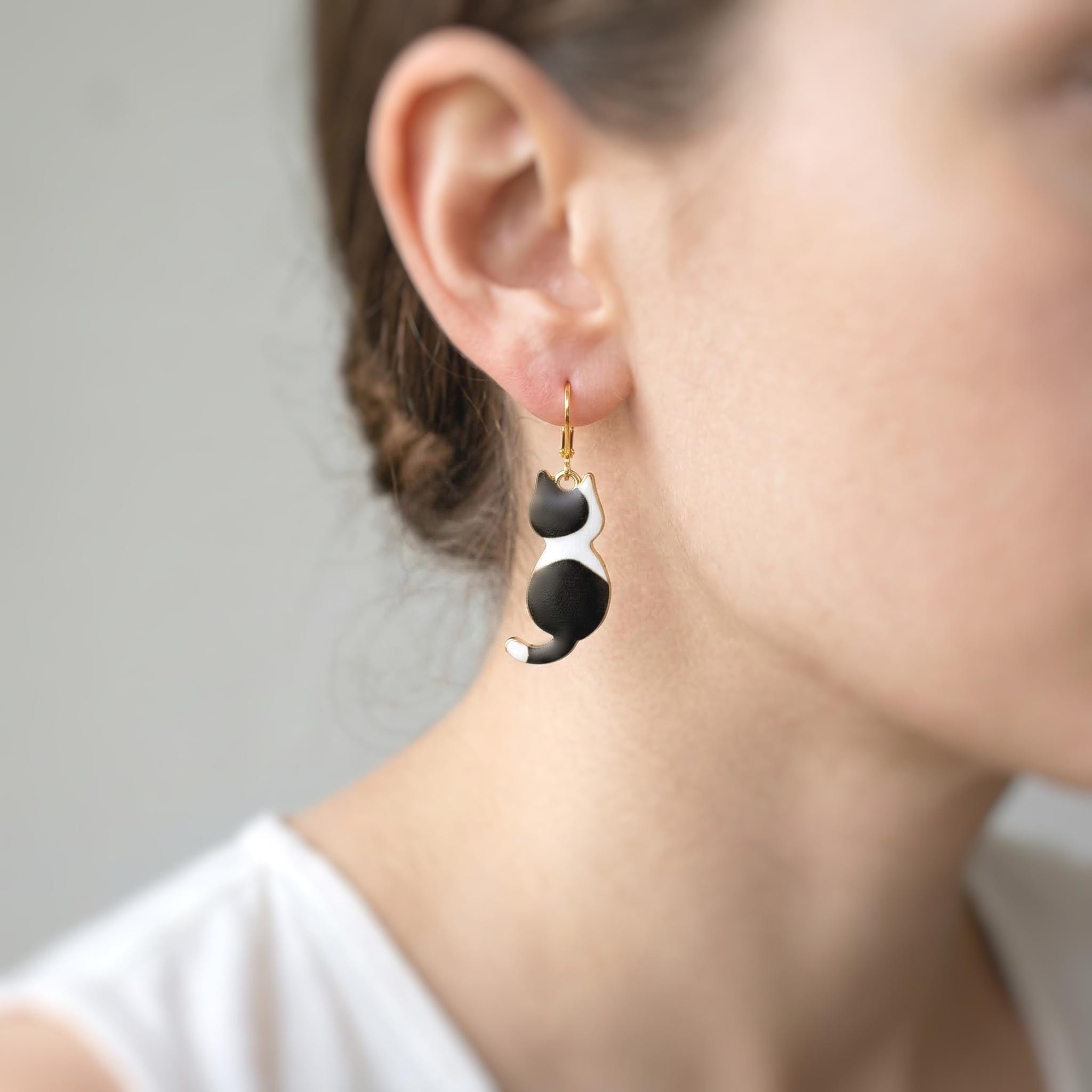 Black Tuxedo Cat Earrings dangle gold enamel leverback kitten kitty jewelry unique gift for cat lovers veterinarians, vet techs women, her