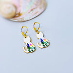 White Cat Earrings dangle cute Cat Jewelry, Gold Leverbacks, white floral flower Earrings style Cat Lover Gift for gardeners, moms, vets bff