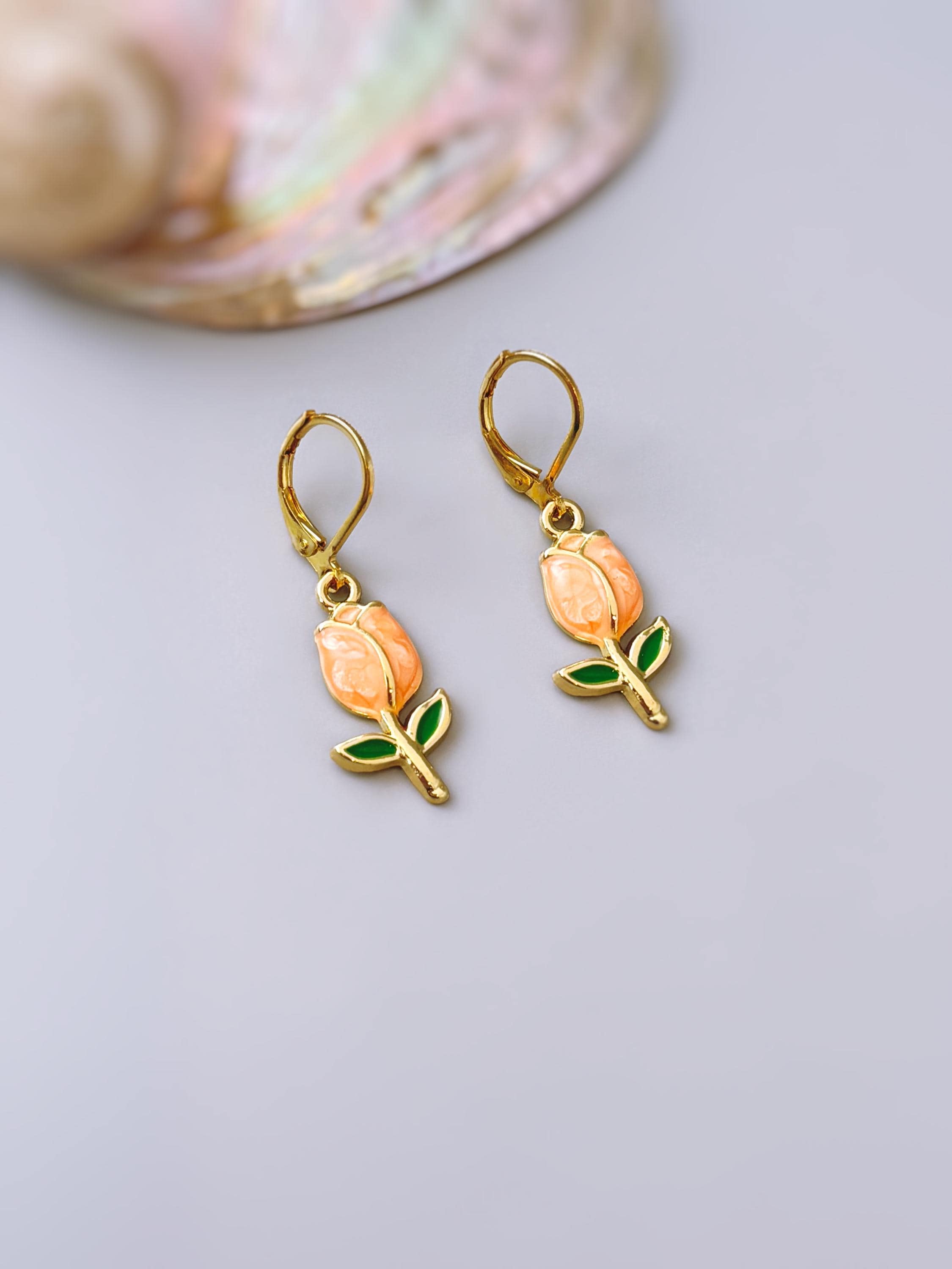 Tulip Earrings Dangle Gold Leverbacks handmade colorful peach spring floral jewelry April Birthday birth flower gift for gardener, moms her