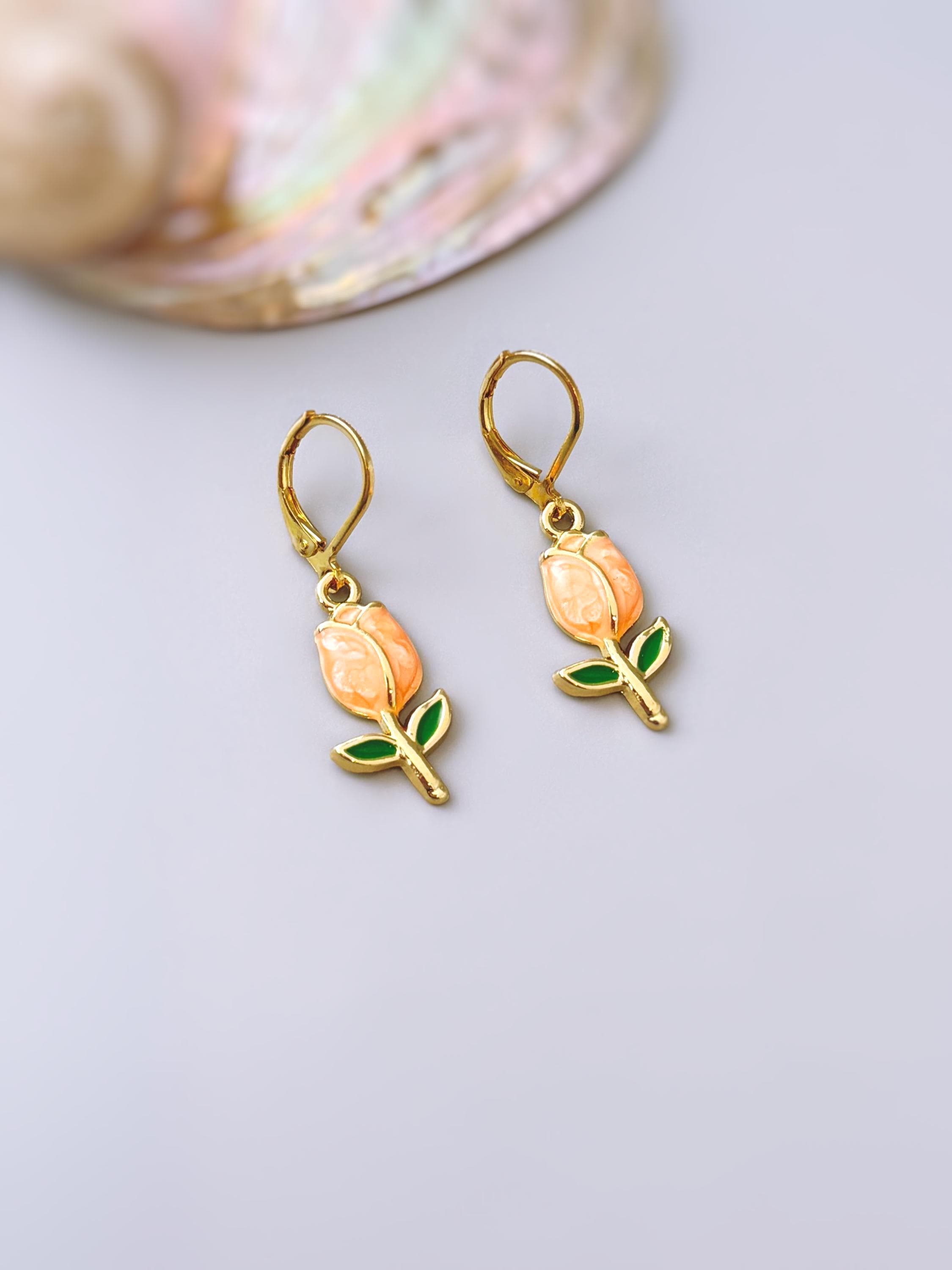 Peach Tulip Earrings Dangle Gold Leverbacks handmade colorful spring floral jewelry April Birthday  birth flower gift for gardener, moms her