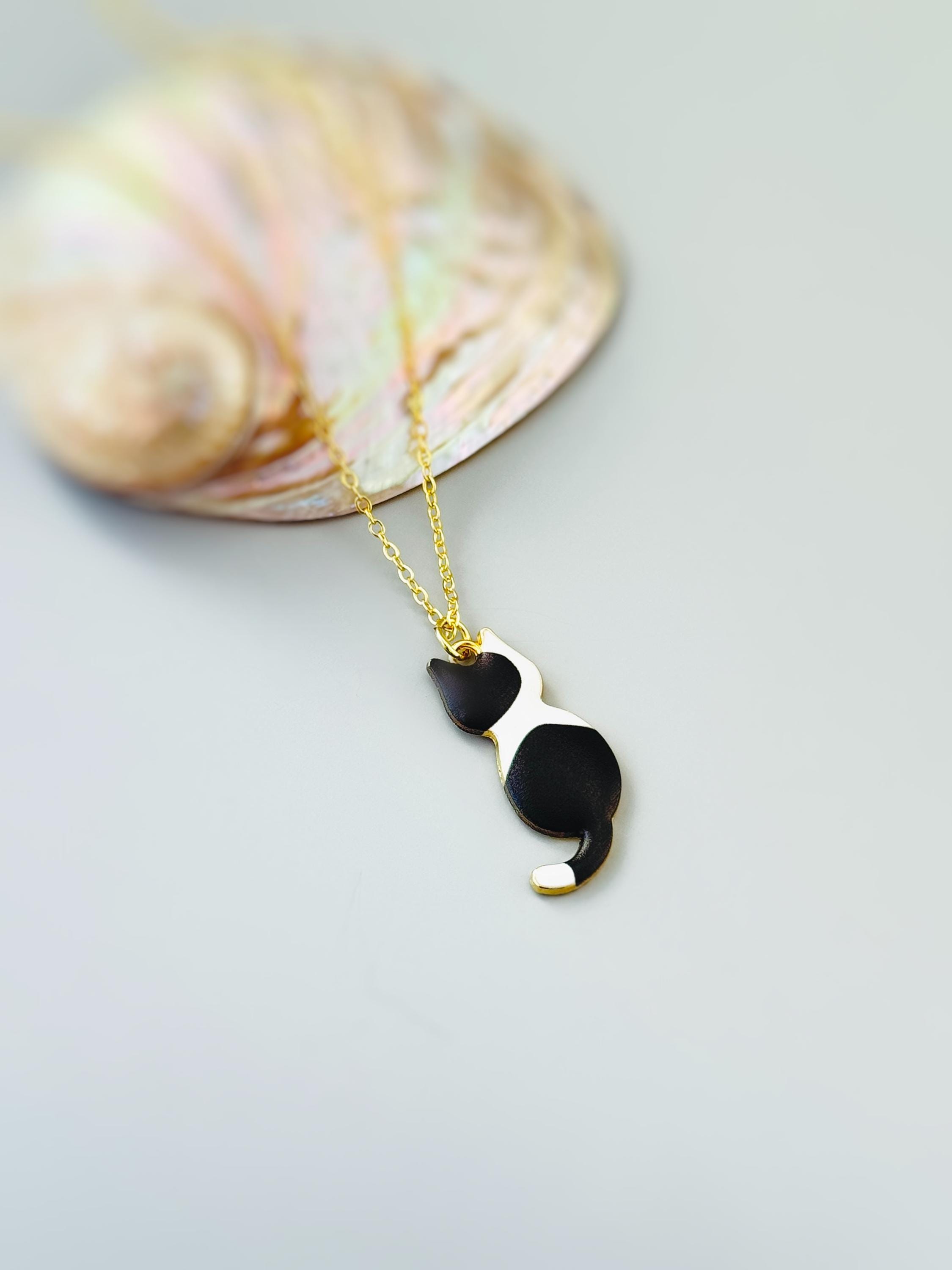 Black Cat Necklace Gold Cute Cat Jewelry pendant for women, Tuxedo Cat Lover Gift for mother's day veterinarians, vet techs, sister, mom