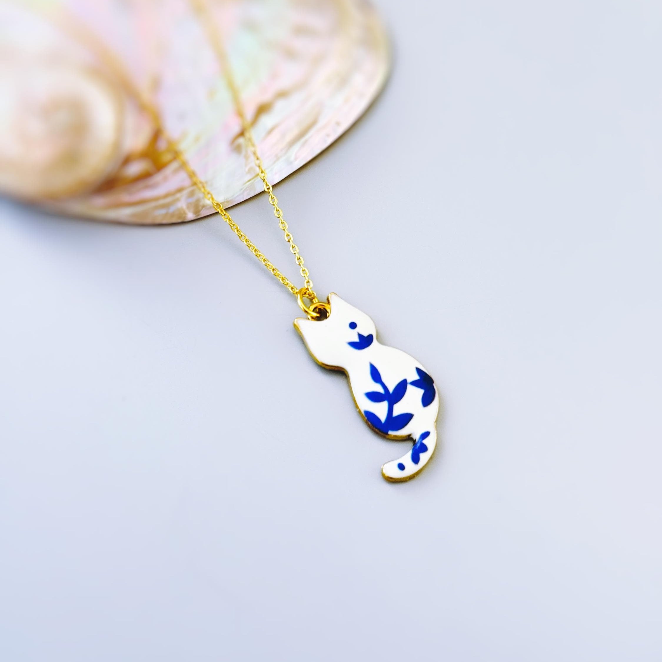 Cat Necklace Gold Cute Cat Jewelry for women, handmade Blue Porcelain Chinoiserie style Cat Lover Gift for moms, veterinarians, vet techs