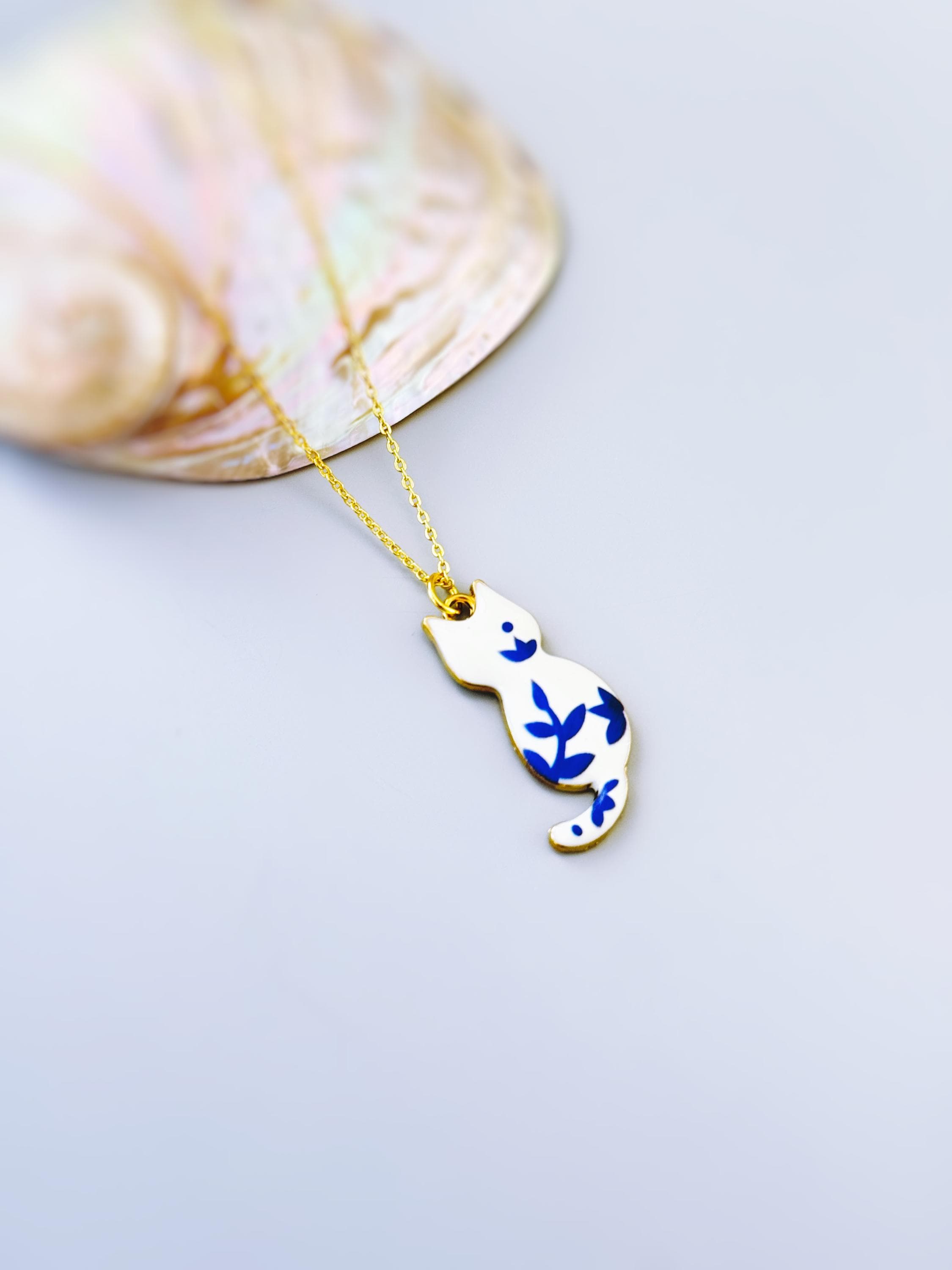 Cat Necklace Gold Cute Cat Jewelry for women, handmade Blue Porcelain Chinoiserie style Cat Lover Gift for moms, veterinarians, vet techs