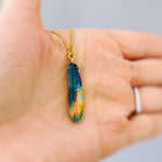 Colorful Feather Necklace gold unique boho Bird Jewelry gift for moms, nature, bird lovers, bff, Handmade minimalist jewelry for women, bff