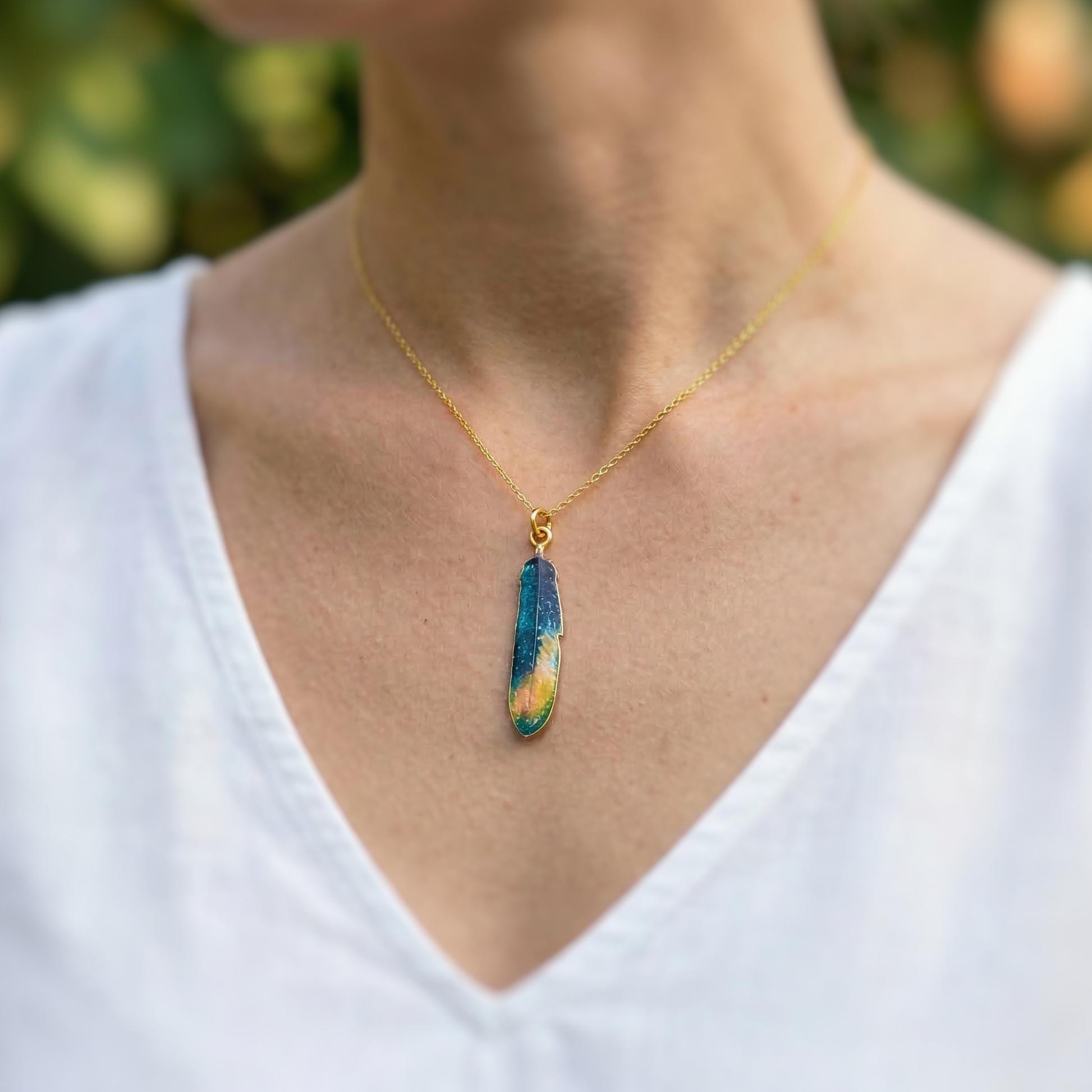 Colorful Feather Necklace gold unique boho Bird Jewelry gift for moms, nature, bird lovers, bff, Handmade minimalist jewelry for women, bff